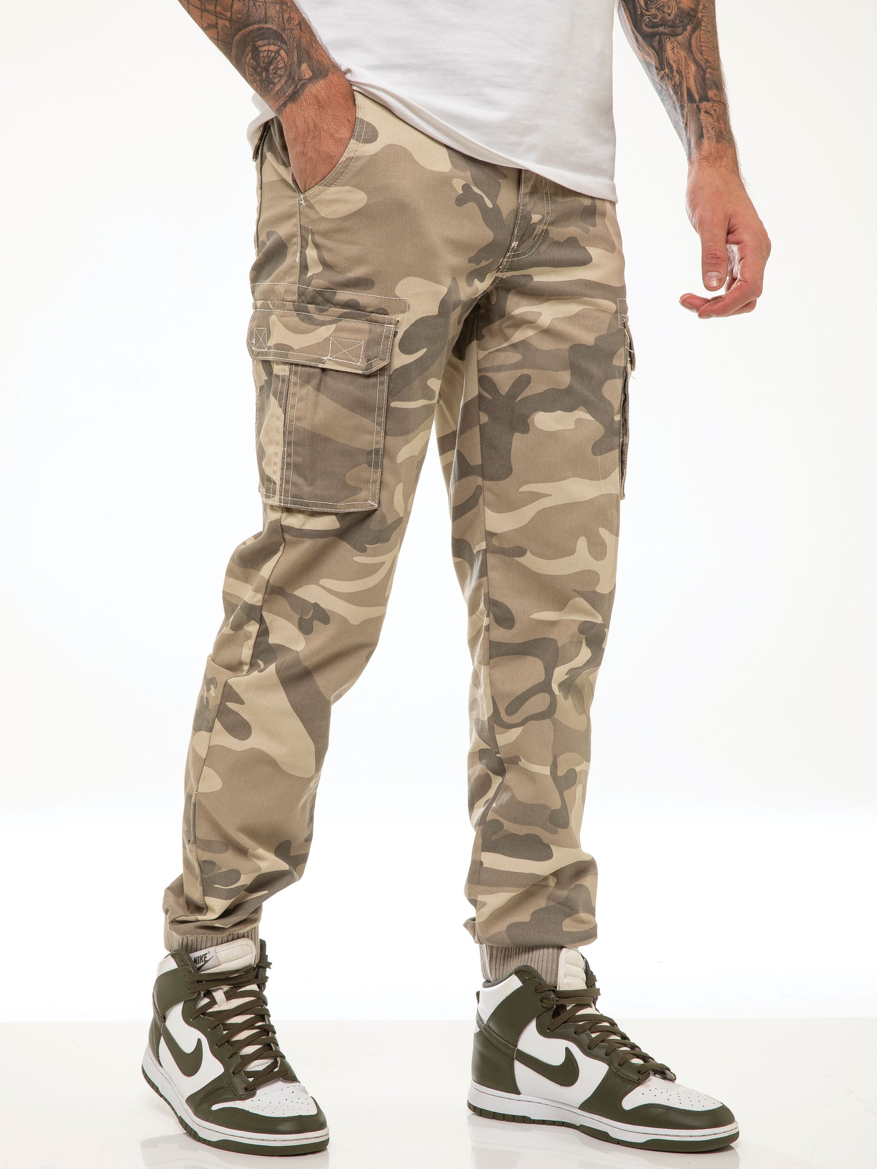 EZ409 ENZO Mens Military Combat Cuffed Camouflage Jeans ENZO RAWDENIM