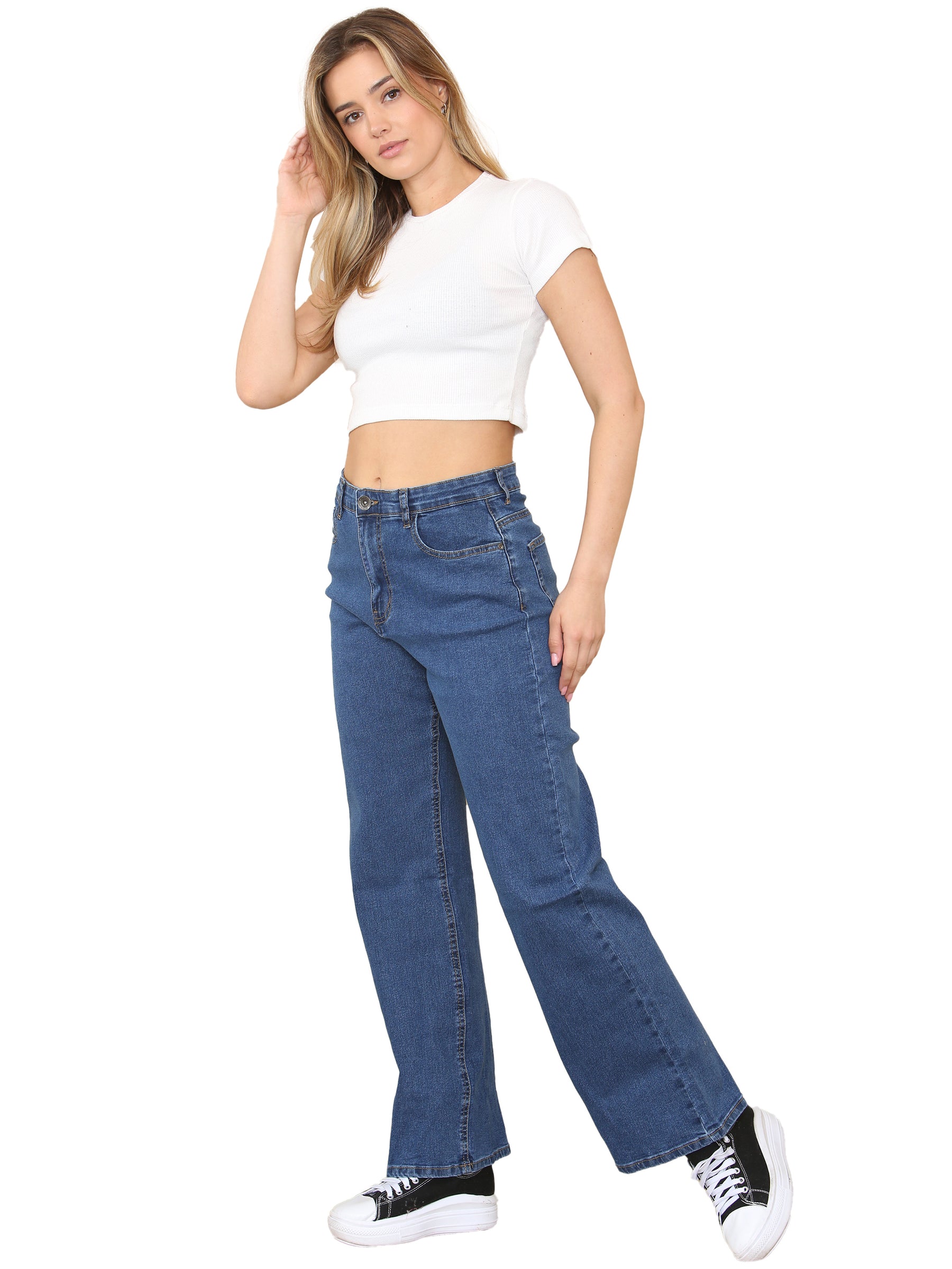 EZL431 Enzo Womens Wide Leg Denim Jeans High Rise Casual Cotton Pants All Waist Sizes RAWDENIM RAWDENIM