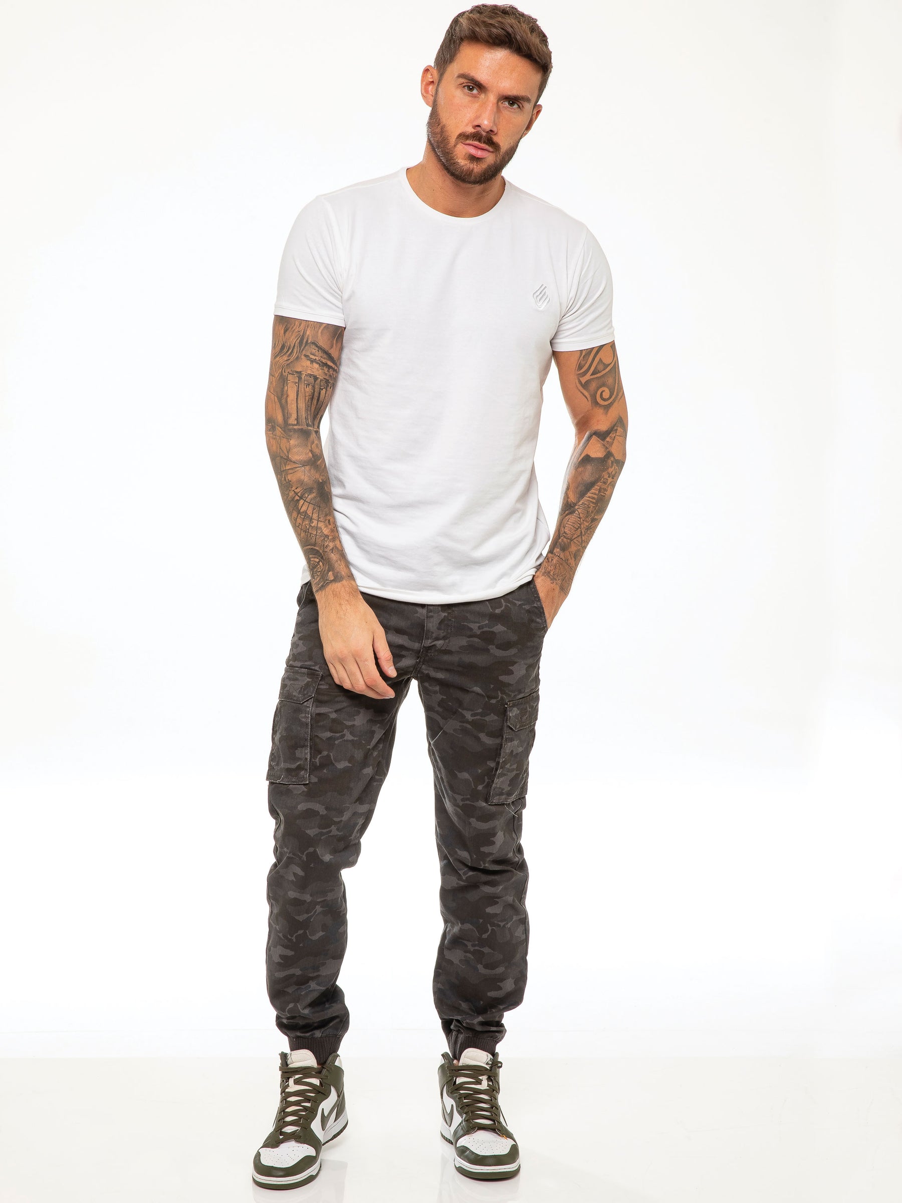 EZ409 ENZO Mens Military Combat Cuffed Camouflage Jeans ENZO RAWDENIM