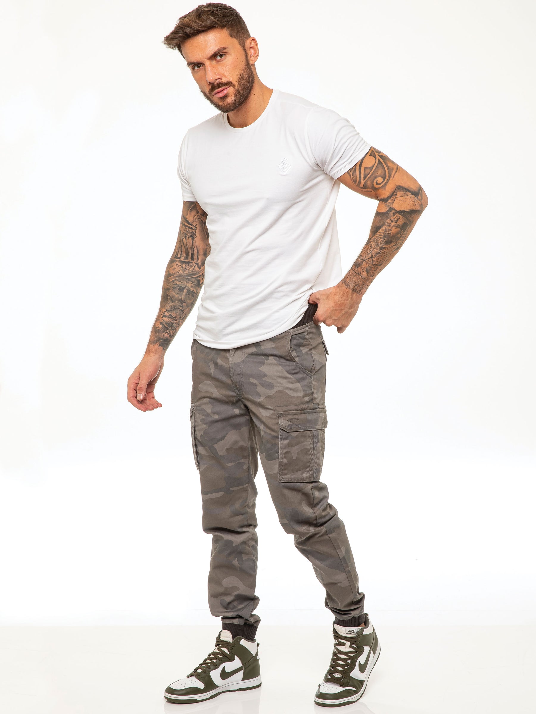EZ409 ENZO Mens Military Combat Cuffed Camouflage Jeans ENZO RAWDENIM