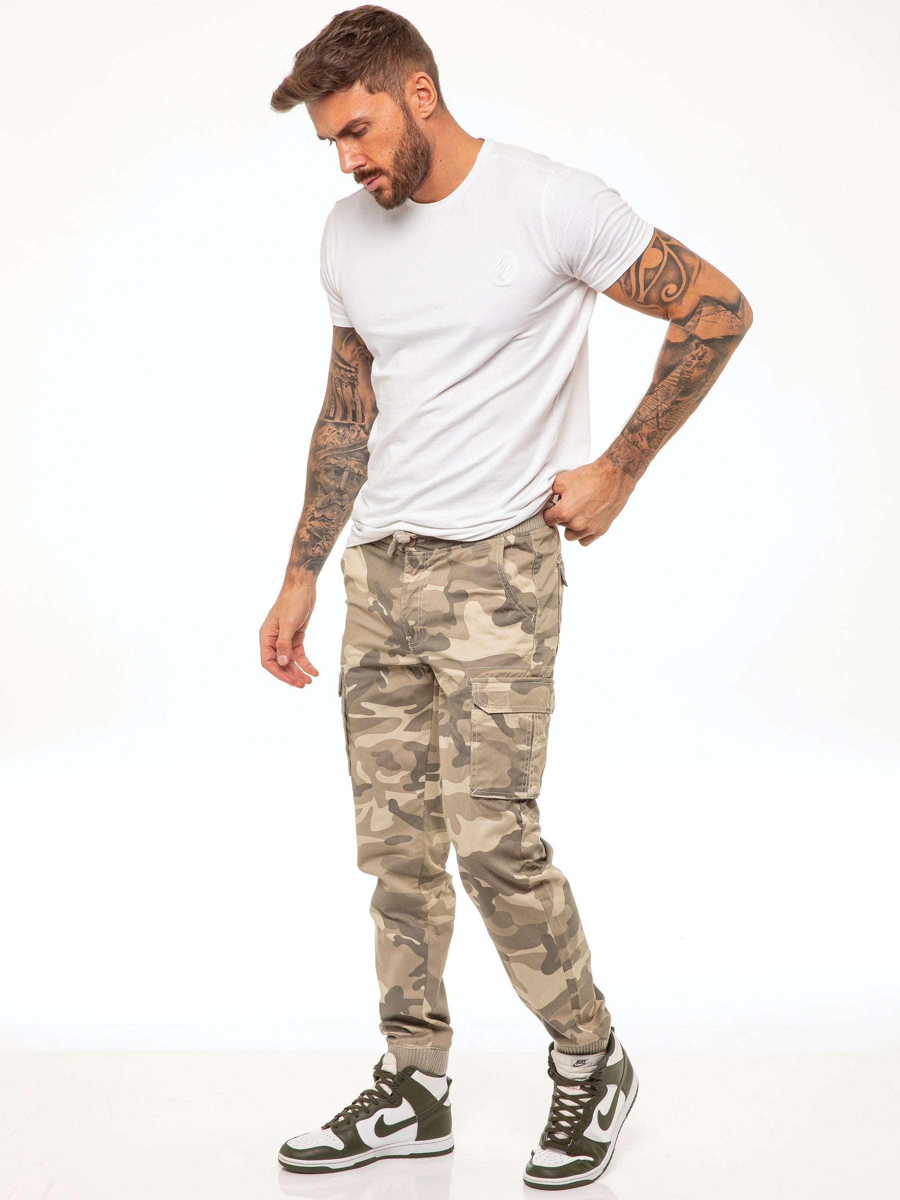 EZ409 ENZO Mens Military Combat Cuffed Camouflage Jeans ENZO RAWDENIM