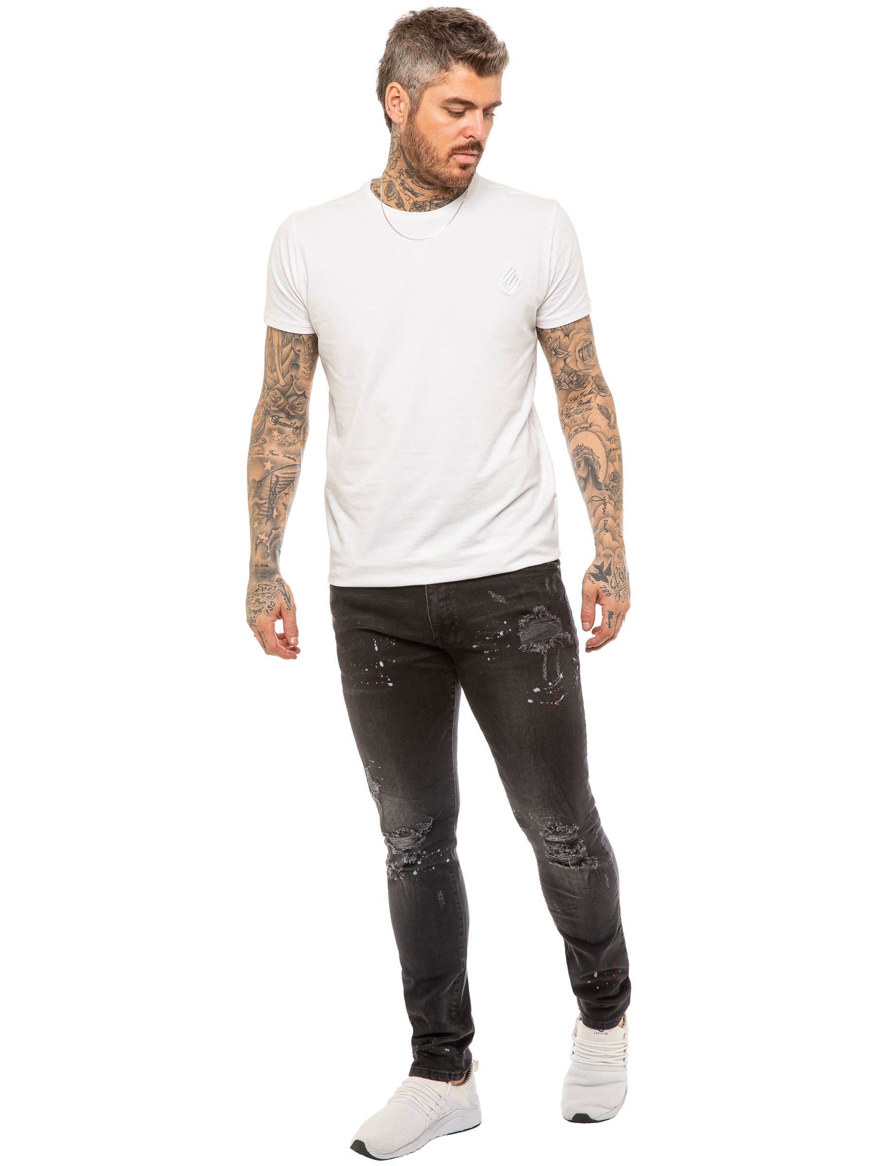 EZ419 Mens Skinny Ripped Splash Jeans Stretch Denim | Enzo Designer Menswear ENZO RAWDENIM