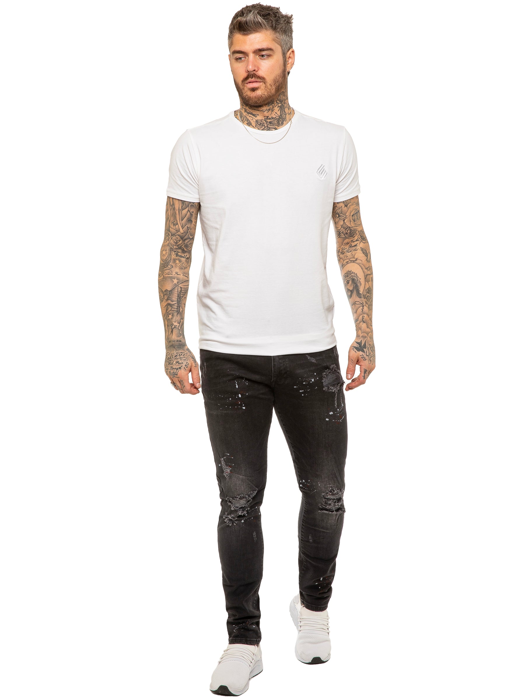 EZ419 Mens Skinny Ripped Splash Jeans Stretch Denim | Enzo Designer Menswear ENZO RAWDENIM