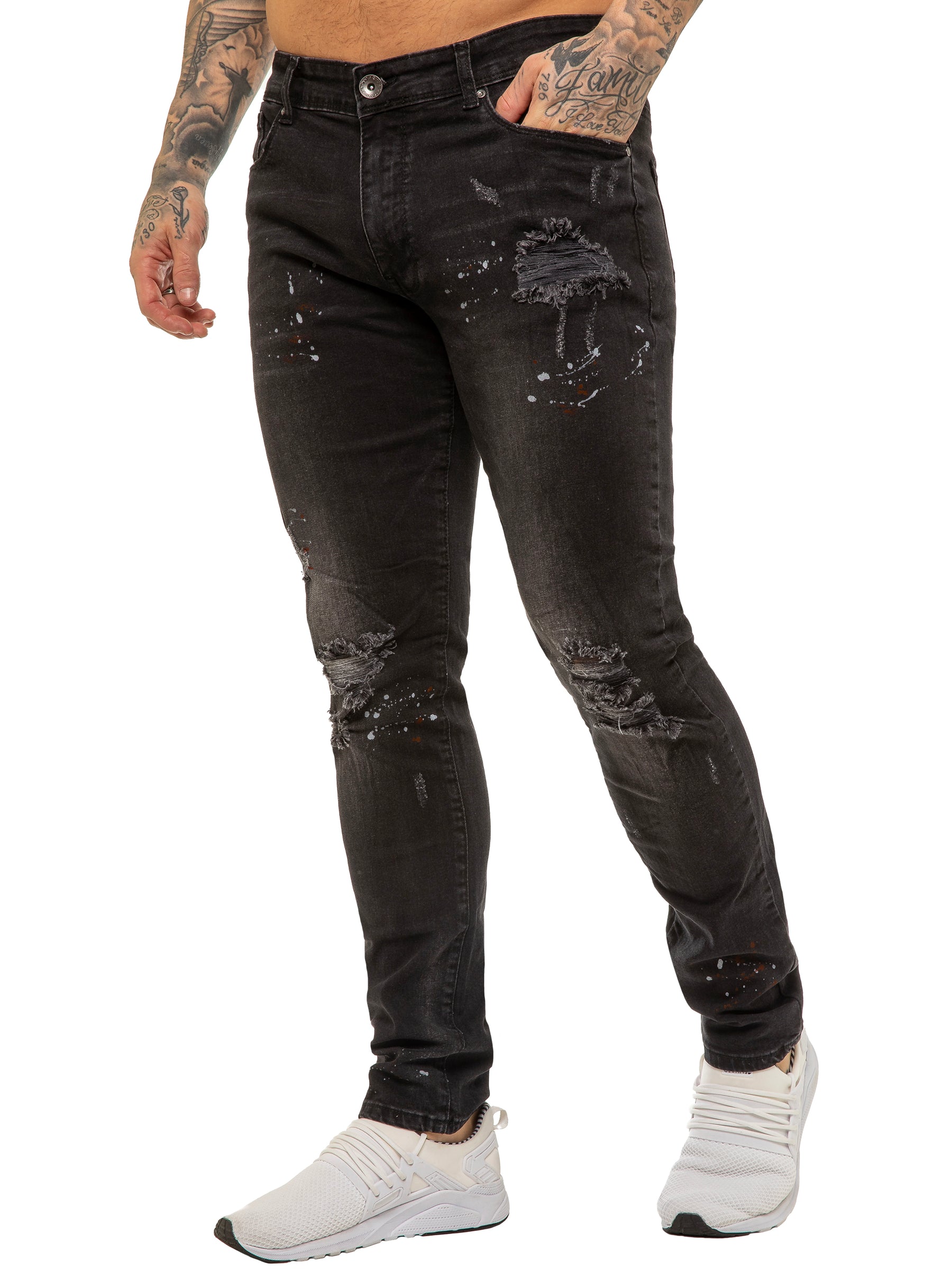 EZ419 Mens Skinny Ripped Splash Jeans Stretch Denim | Enzo Designer Menswear ENZO RAWDENIM