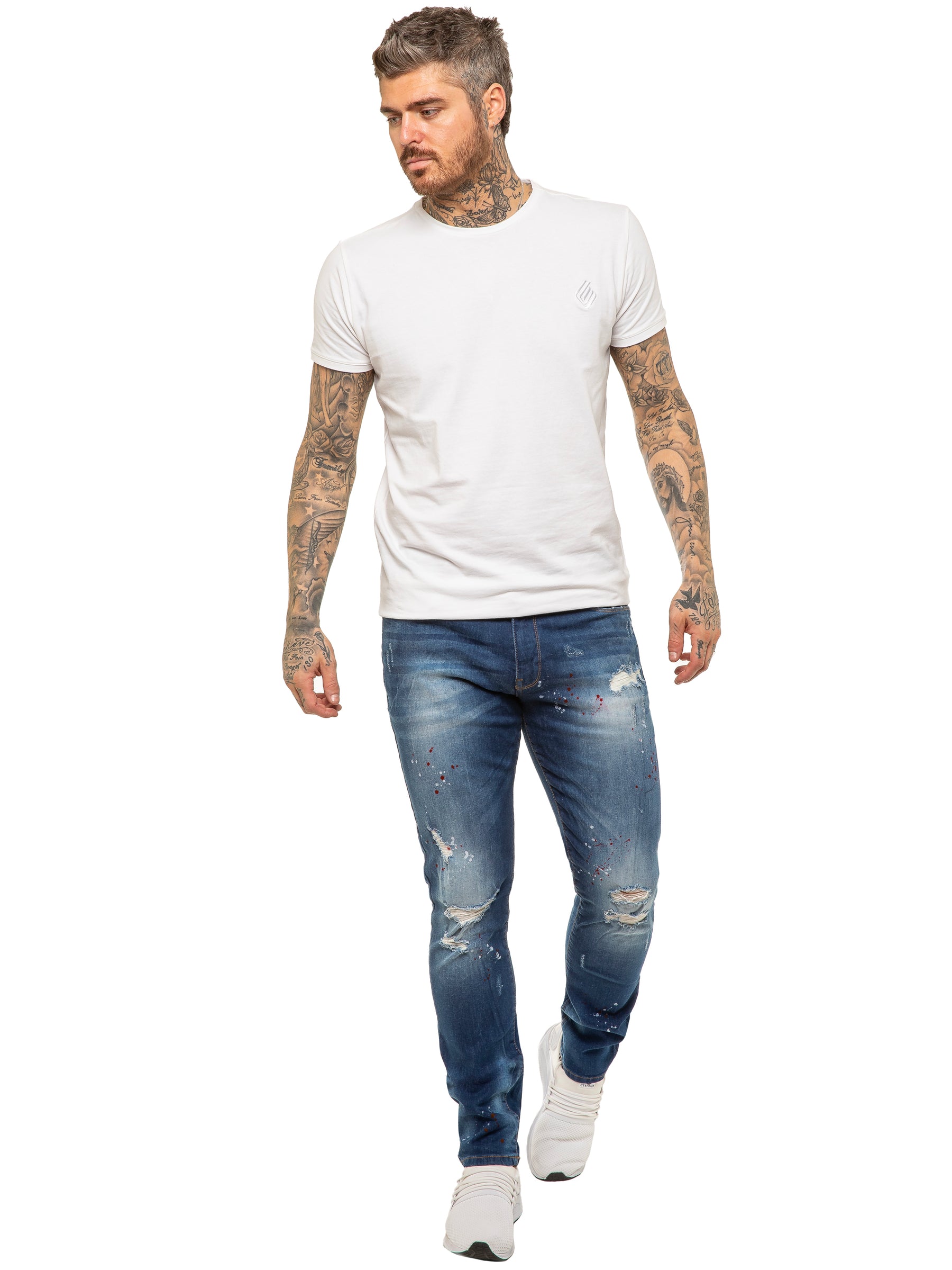 EZ419 Mens Skinny Ripped Splash Jeans Stretch Denim | Enzo Designer Menswear ENZO RAWDENIM