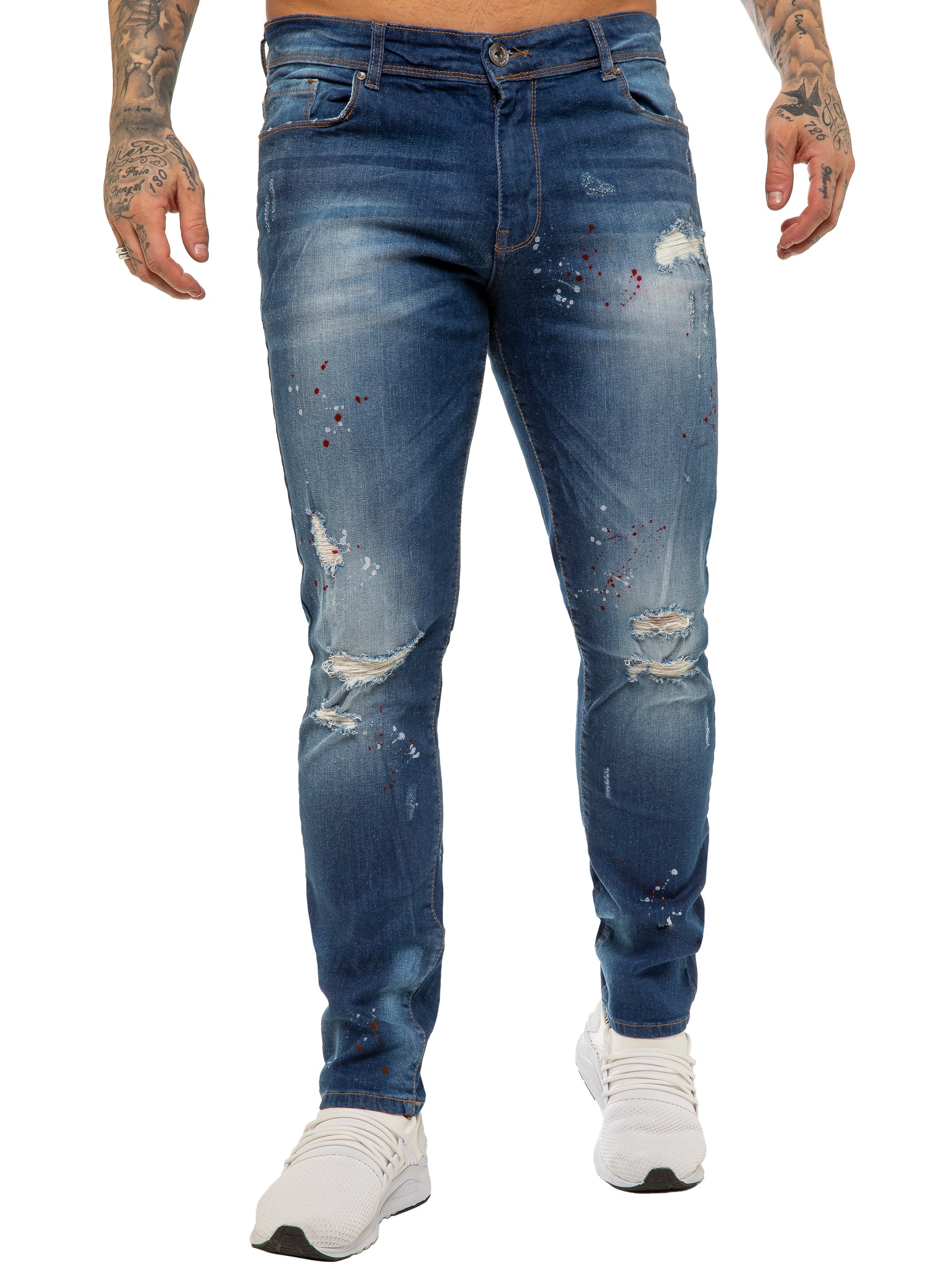 EZ419 Mens Skinny Ripped Splash Jeans Stretch Denim | Enzo Designer Menswear ENZO RAWDENIM