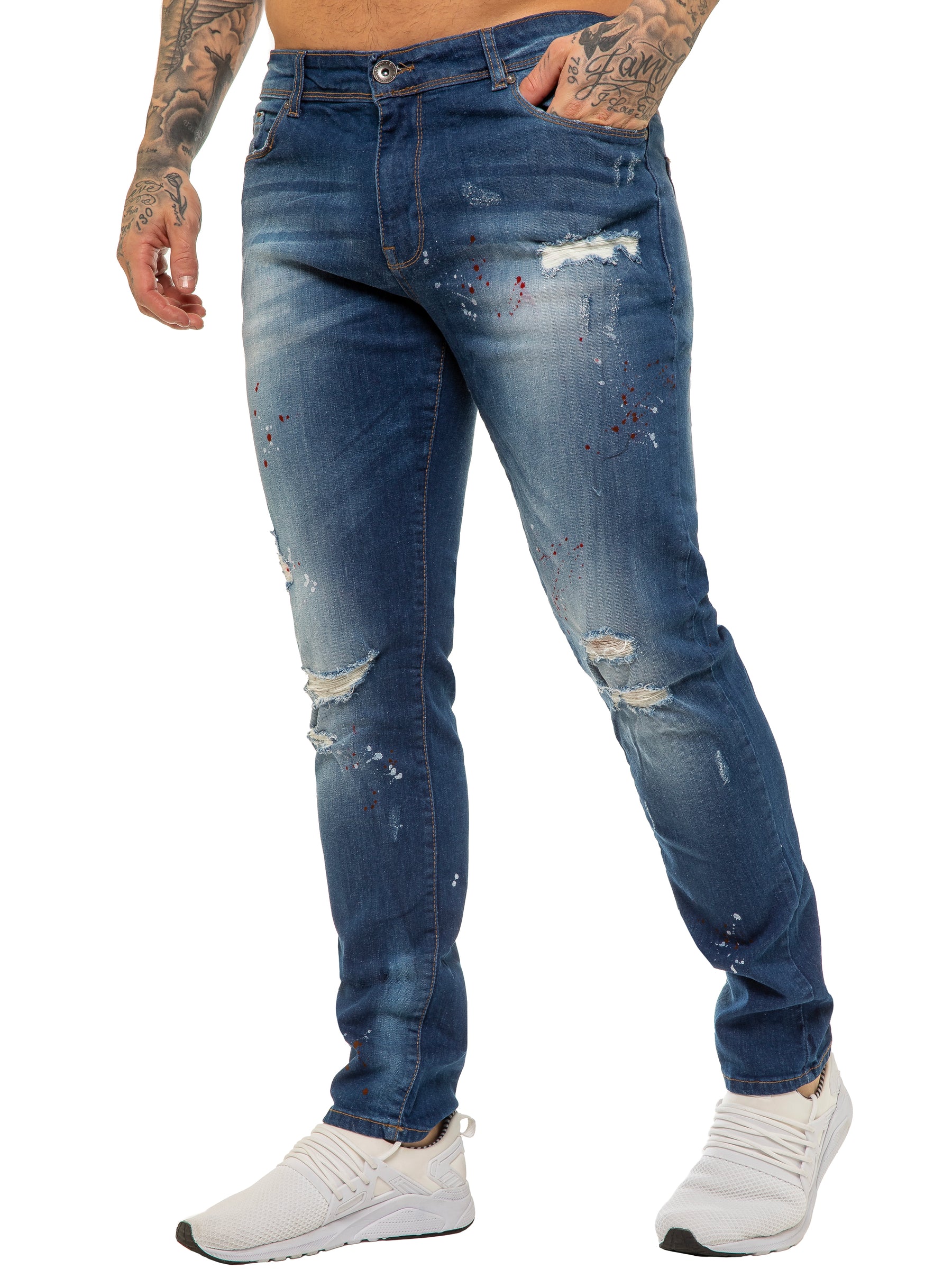 EZ419 Mens Skinny Ripped Splash Jeans Stretch Denim | Enzo Designer Menswear ENZO RAWDENIM