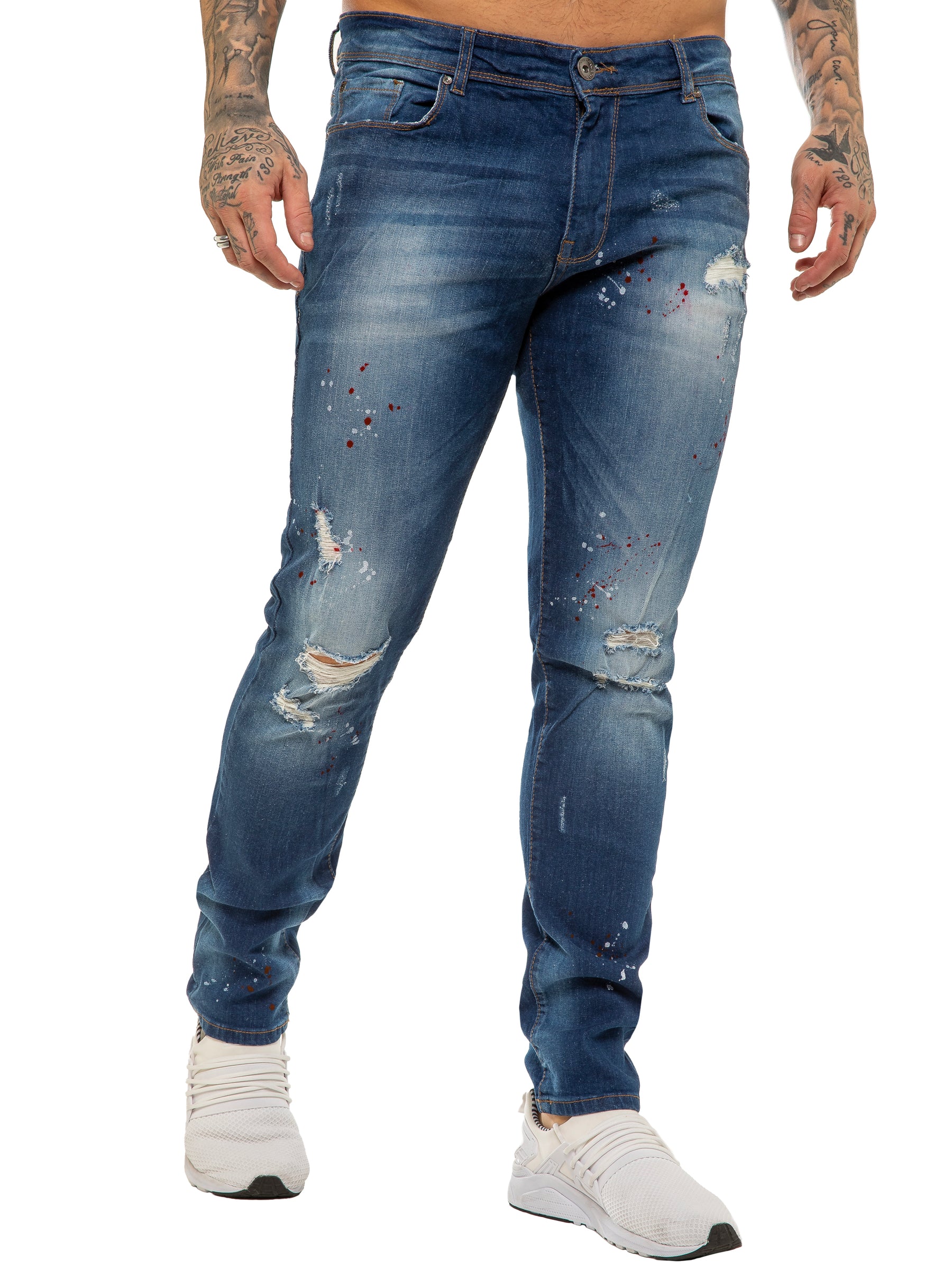 EZ419 Mens Skinny Ripped Splash Jeans Stretch Denim | Enzo Designer Menswear ENZO RAWDENIM