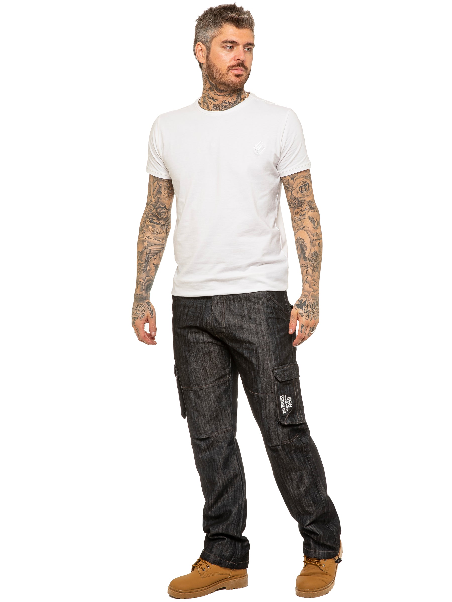 EZ08 Mens Light Blue Combat Denim Jeans Mid Stonewash | Enzo Designer Menswear ENZO RAWDENIM