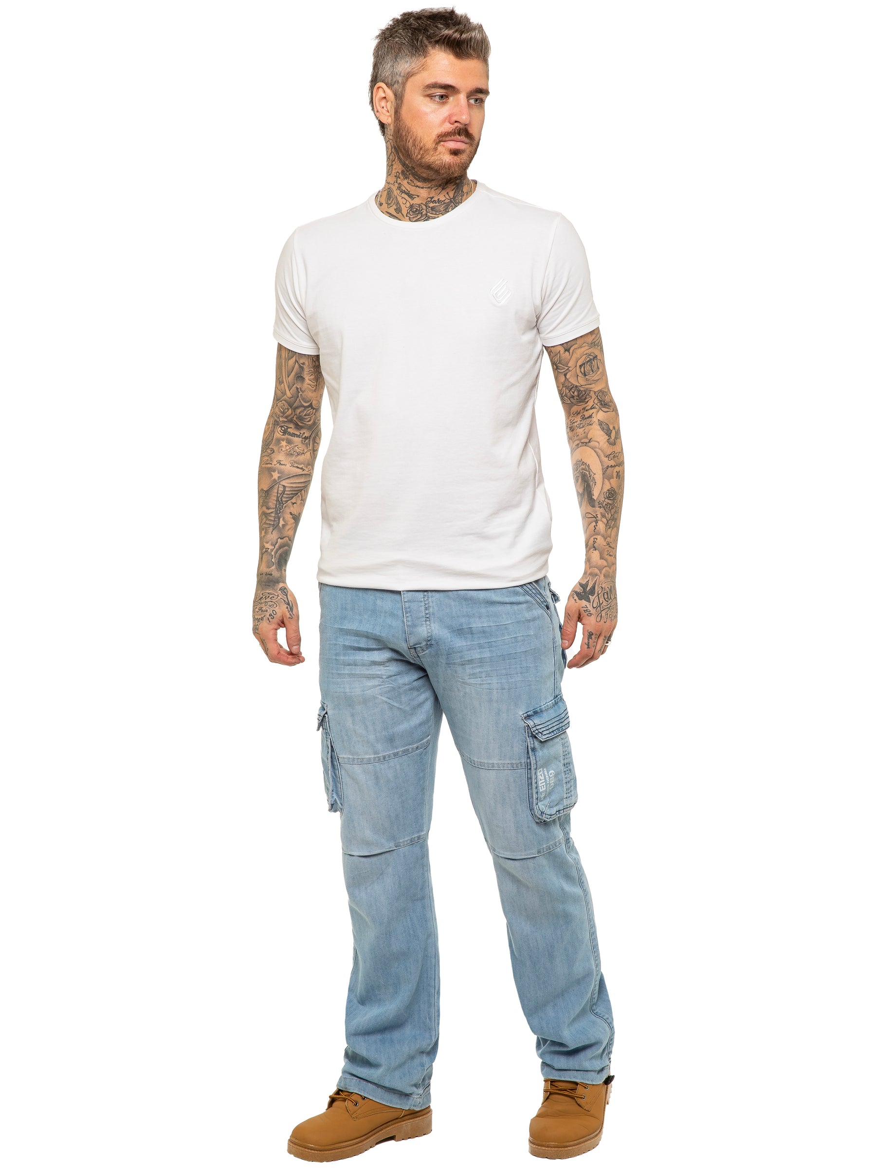 EZ08 Mens Light Blue Combat Denim Jeans Mid Stonewash | Enzo Designer Menswear ENZO RAWDENIM