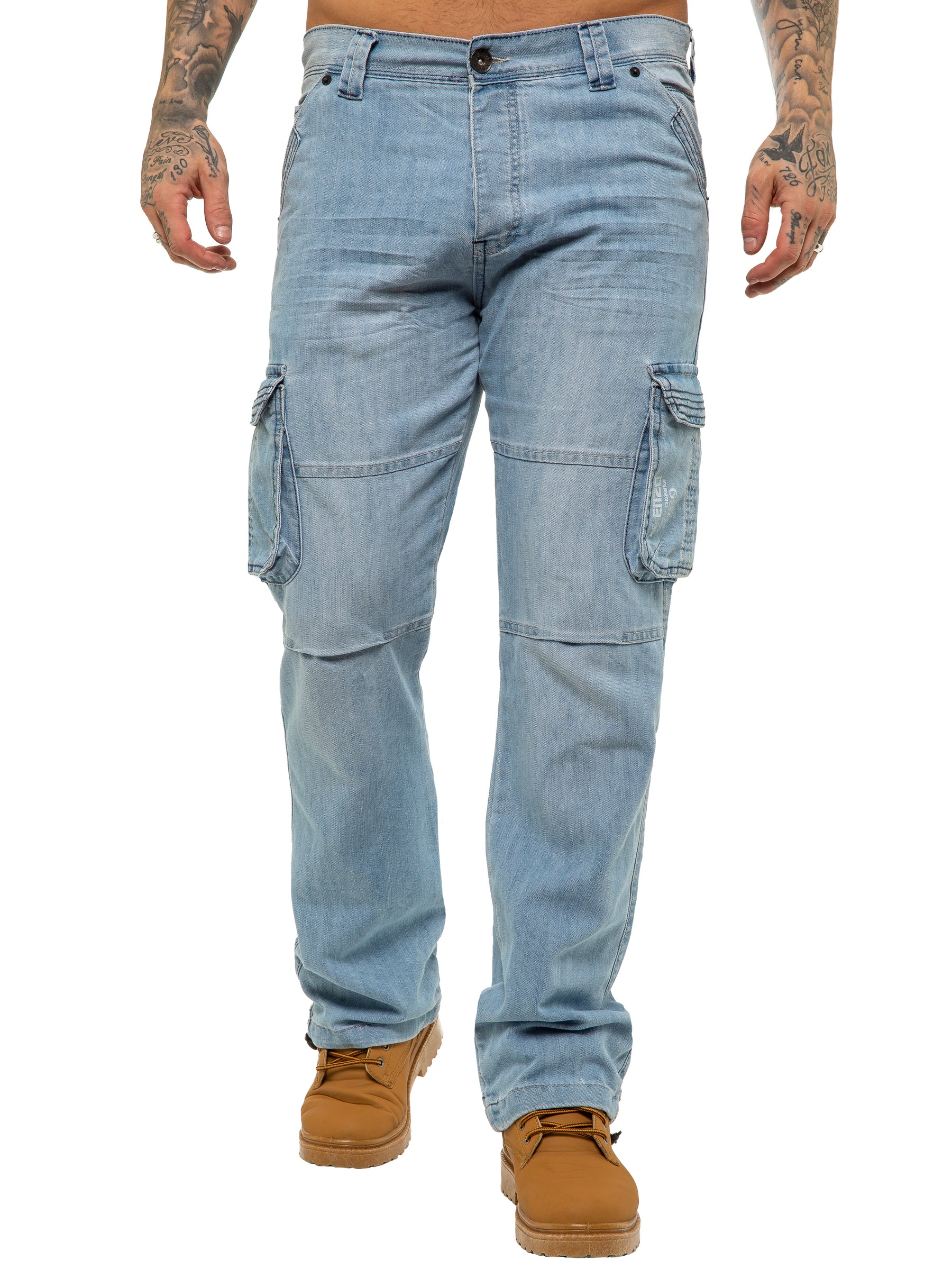 EZ08 Mens Light Blue Combat Denim Jeans Mid Stonewash | Enzo Designer Menswear ENZO RAWDENIM