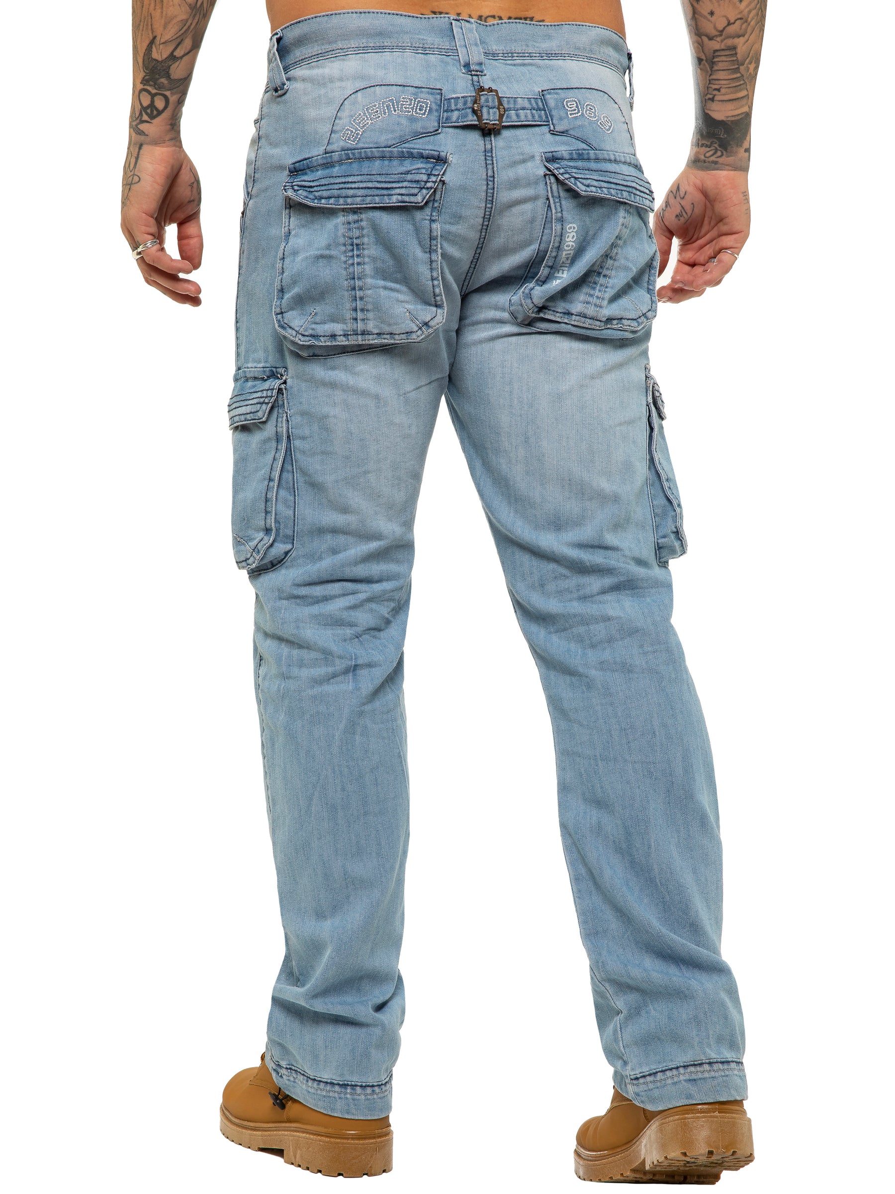 EZ08 Mens Light Blue Combat Denim Jeans Mid Stonewash | Enzo Designer Menswear ENZO RAWDENIM