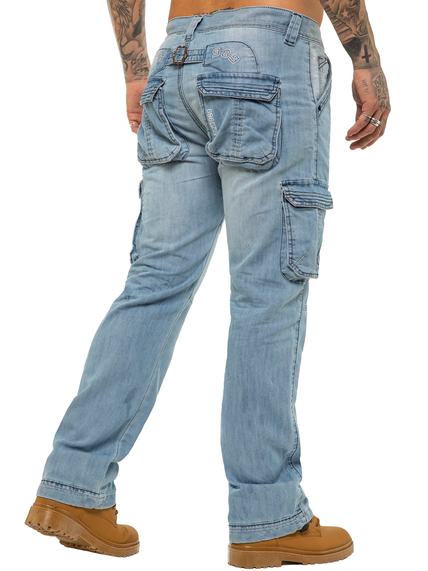 EZ08 Mens Light Blue Combat Denim Jeans Mid Stonewash | Enzo Designer Menswear ENZO RAWDENIM