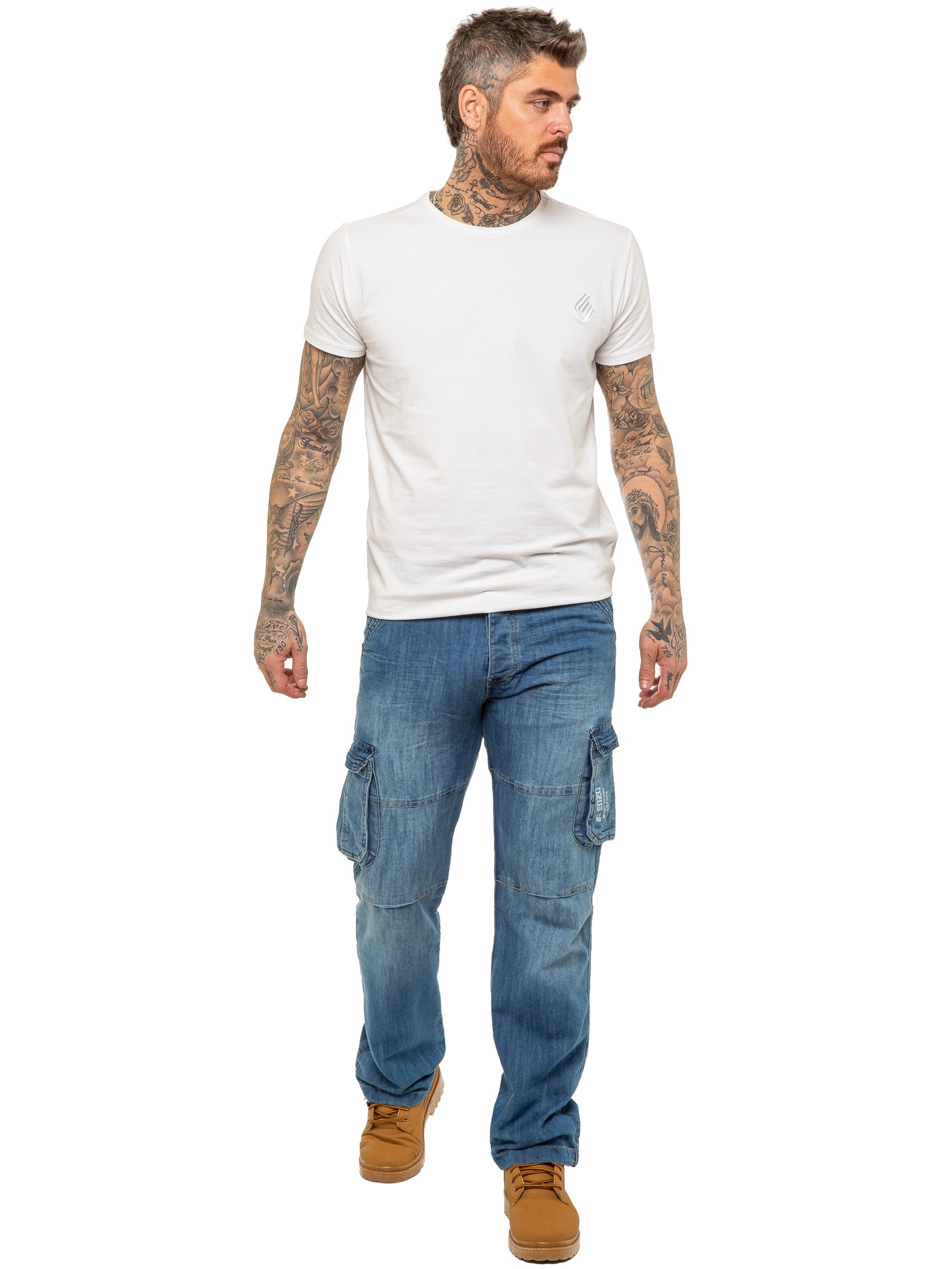 EZ08 Mens Light Blue Combat Denim Jeans Mid Stonewash | Enzo Designer Menswear ENZO RAWDENIM