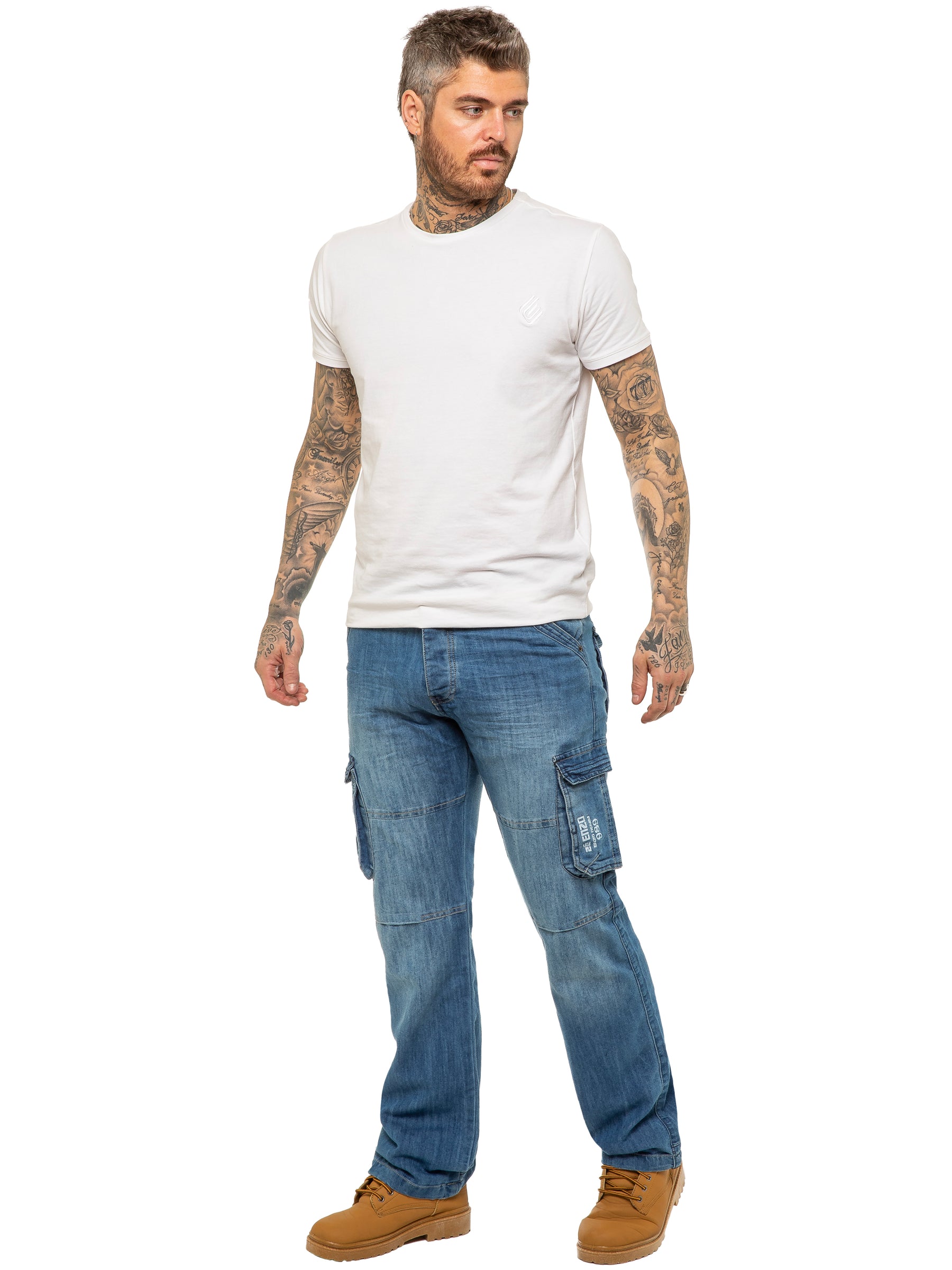 EZ08 Mens Light Blue Combat Denim Jeans Mid Stonewash | Enzo Designer Menswear ENZO RAWDENIM