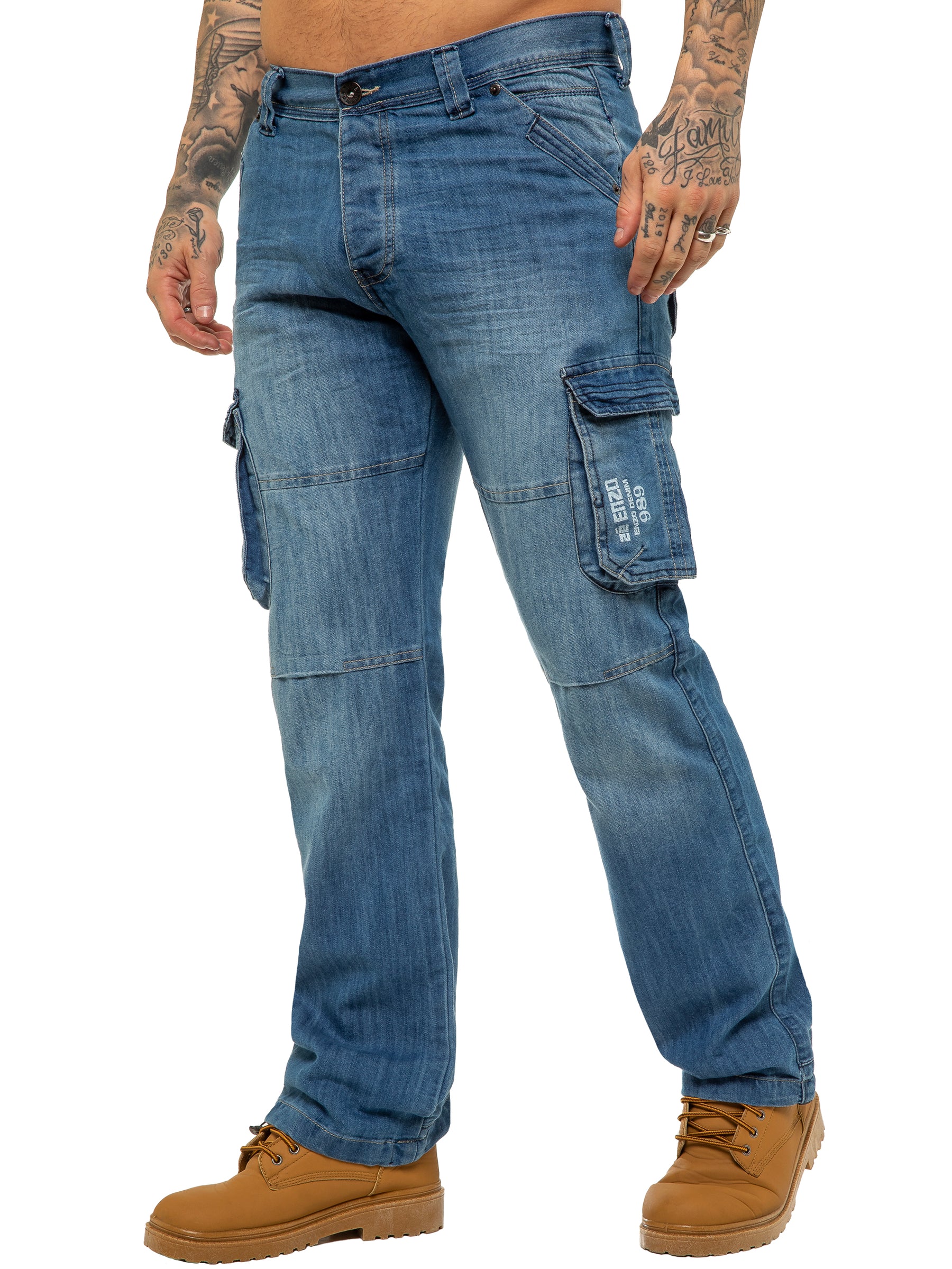 EZ08 Mens Light Blue Combat Denim Jeans Mid Stonewash | Enzo Designer Menswear ENZO RAWDENIM