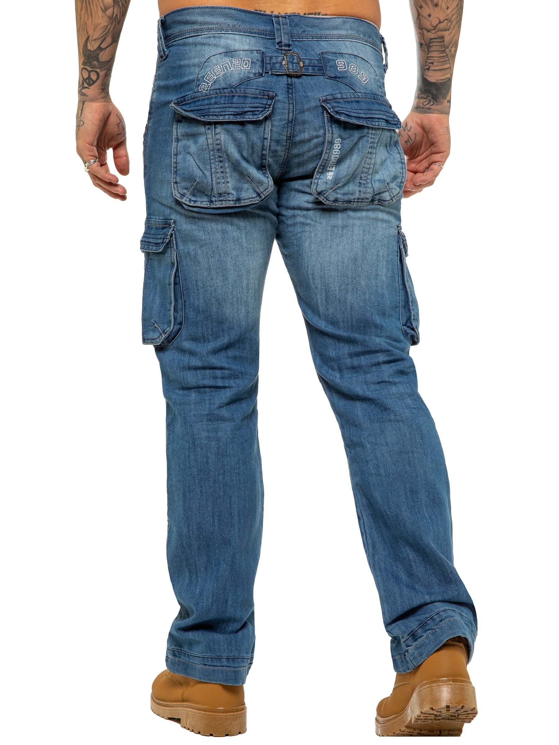 EZ08 Mens Light Blue Combat Denim Jeans Mid Stonewash | Enzo Designer Menswear ENZO RAWDENIM