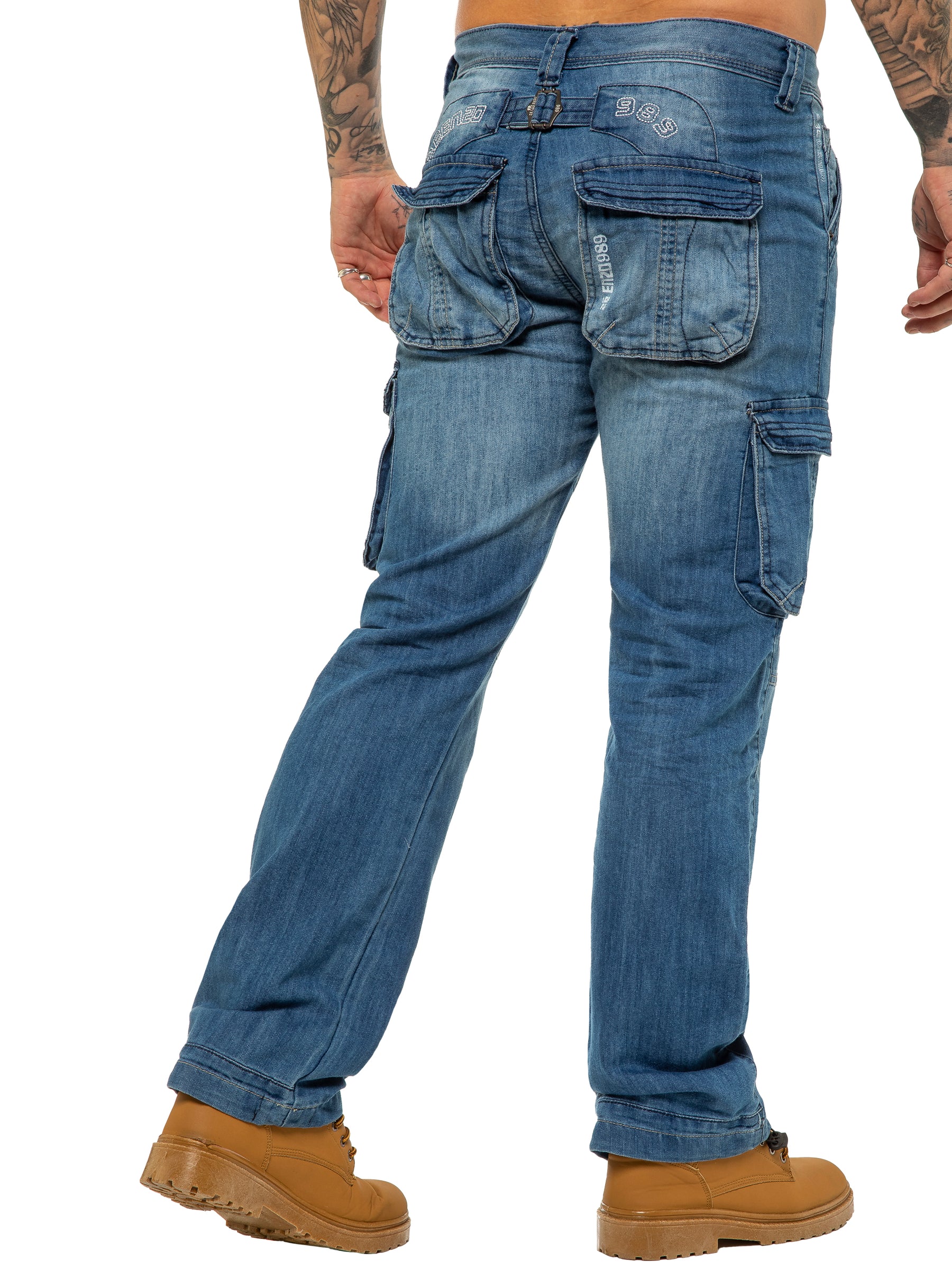 EZ08 Mens Light Blue Combat Denim Jeans Mid Stonewash | Enzo Designer Menswear ENZO RAWDENIM