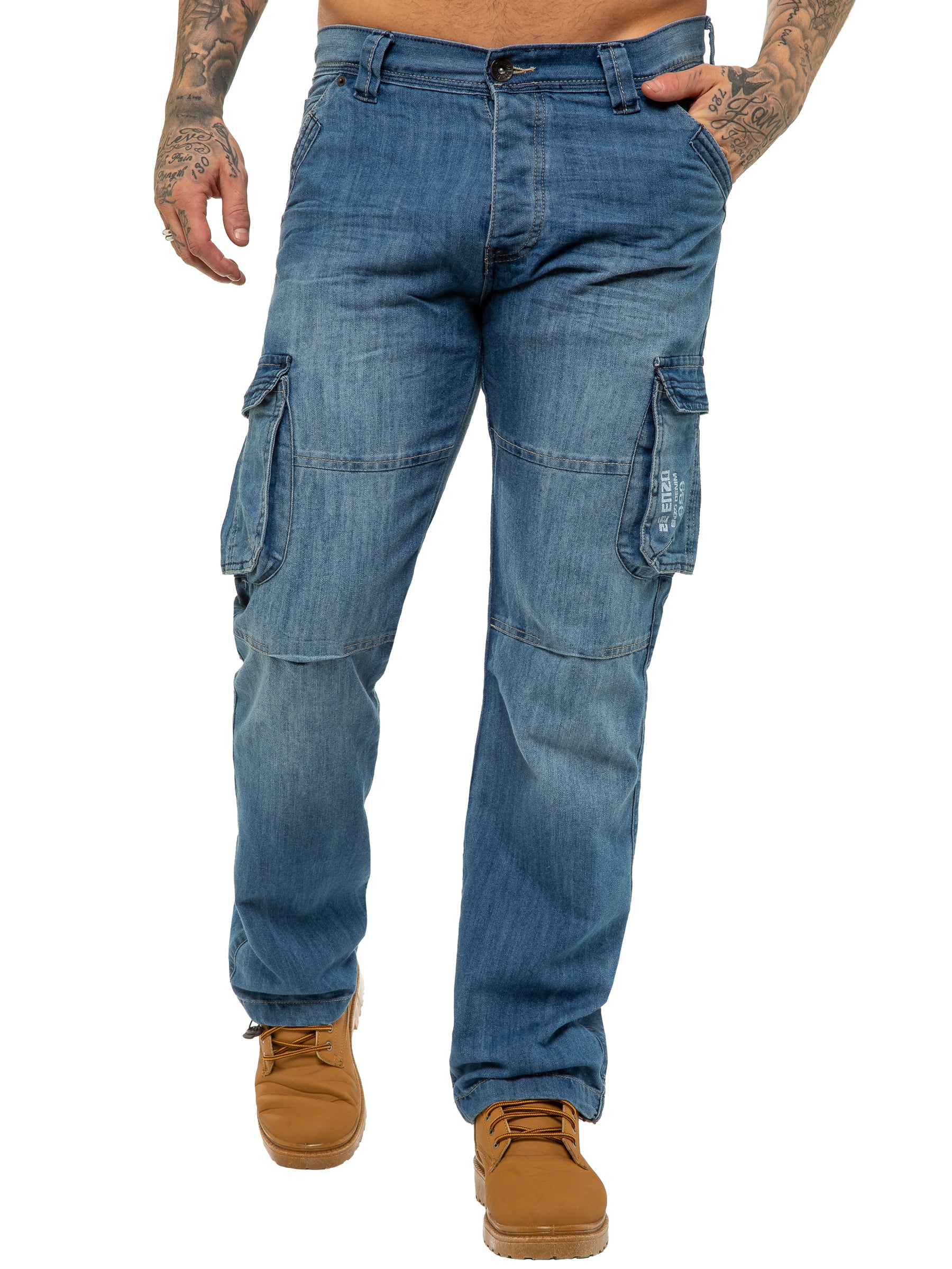 EZ08 Mens Light Blue Combat Denim Jeans Mid Stonewash | Enzo Designer Menswear ENZO RAWDENIM