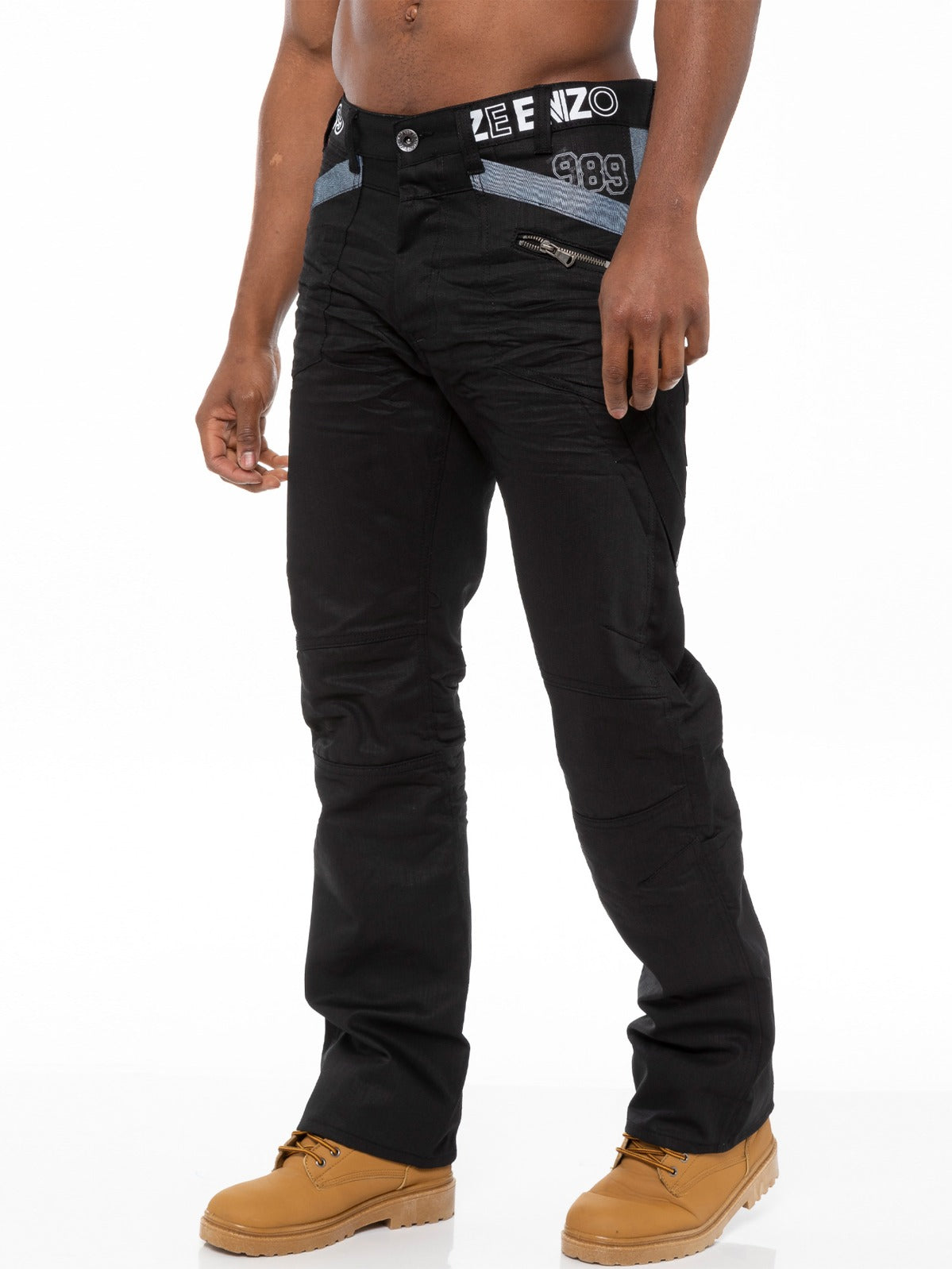 EZ112 Mens Tapered Black Coated Denim Jeans | Enzo Designer Menswear ENZO RAWDENIM