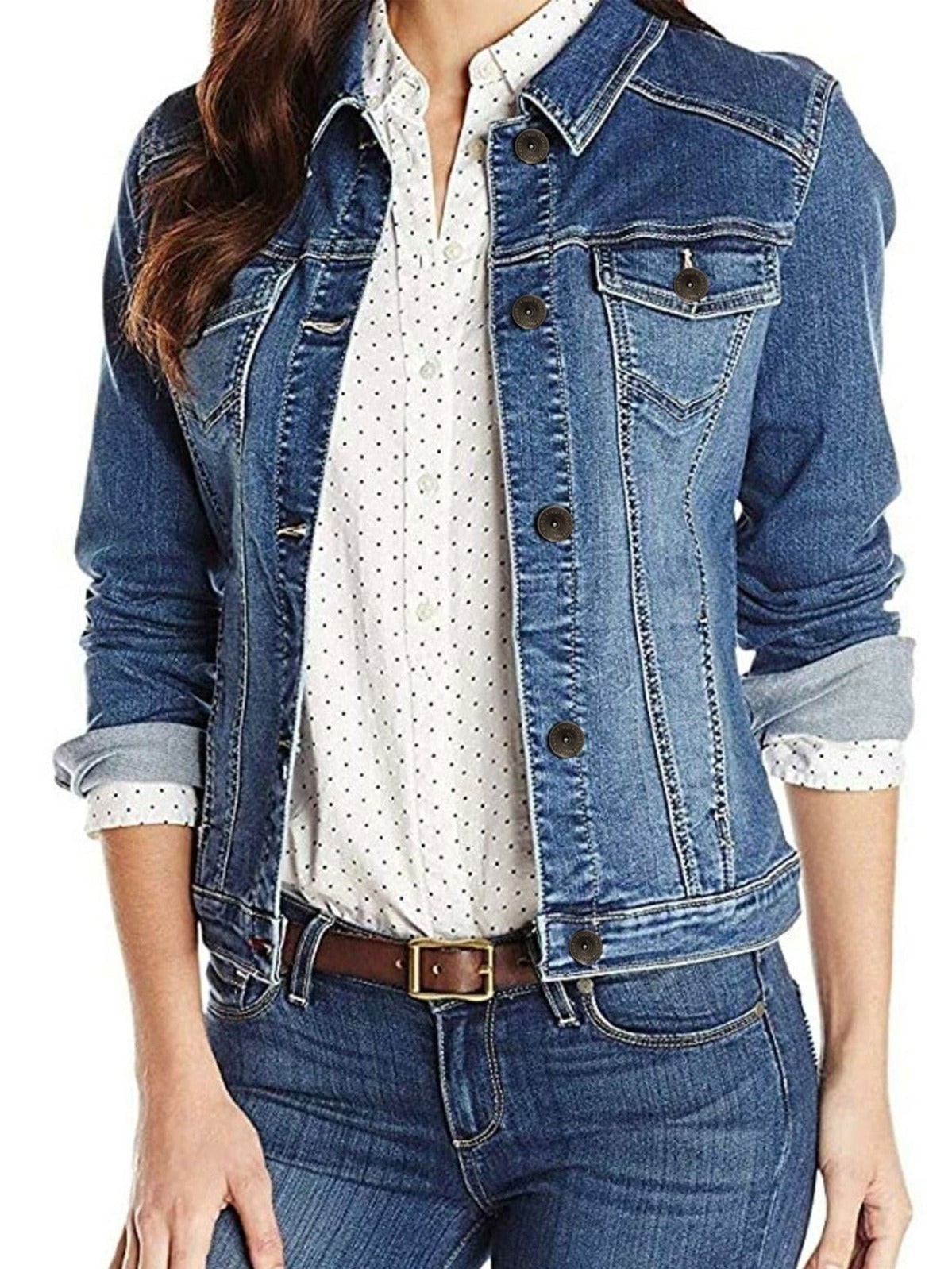 EZJ415 Womens Casual Button Up Classic Denim Jean Jacket | Enzo Designer Womenswear ENZO RAWDENIM