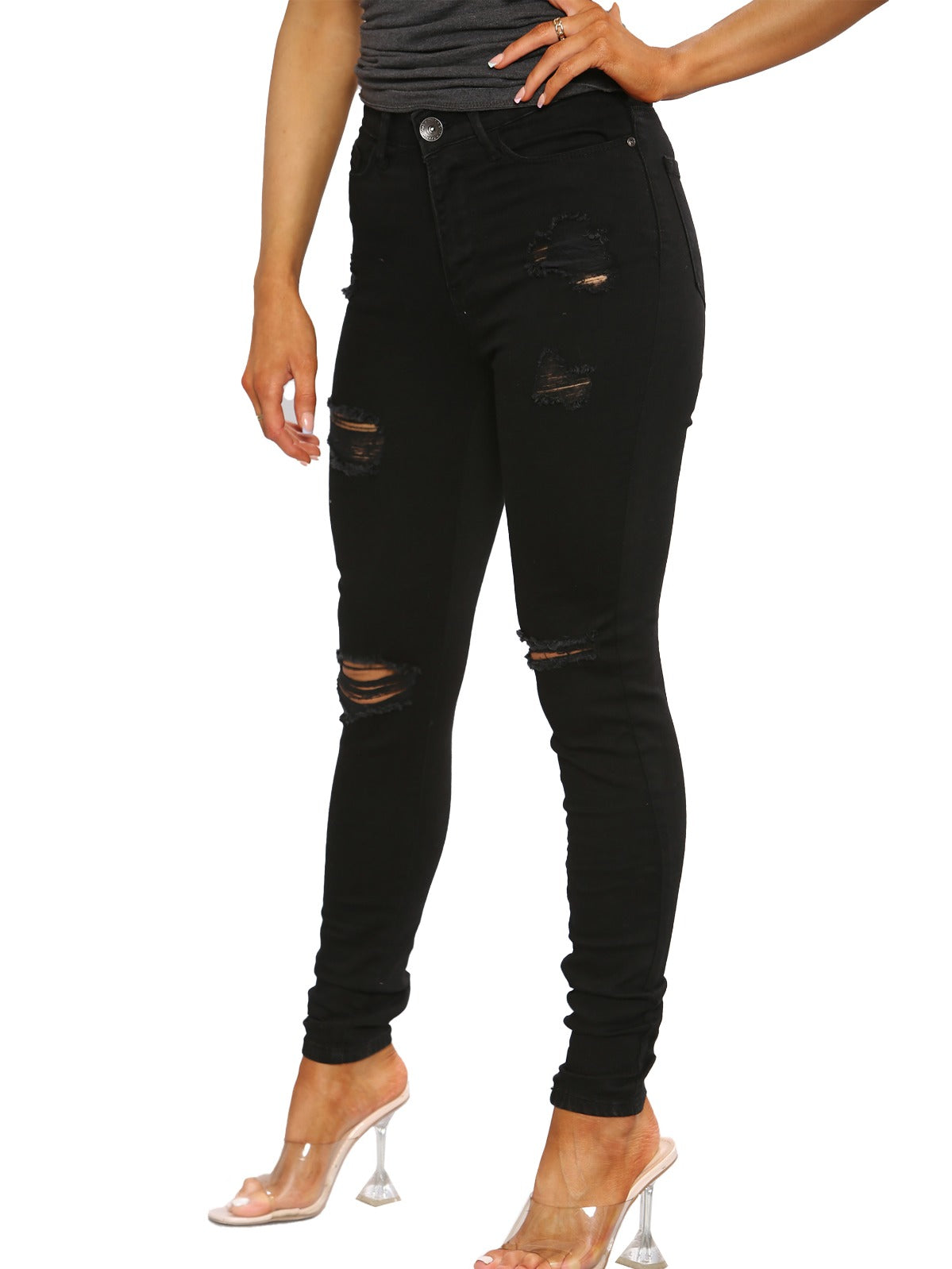 EZL417 Womens Skinny Stretch Ripped Denim Jeans | Enzo Designer ENZO RAWDENIM