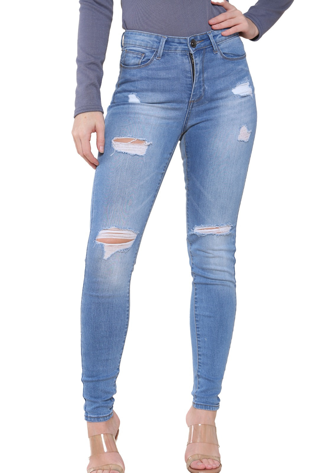 EZL417 Womens Skinny Stretch Ripped Denim Jeans | Enzo Designer ENZO RAWDENIM