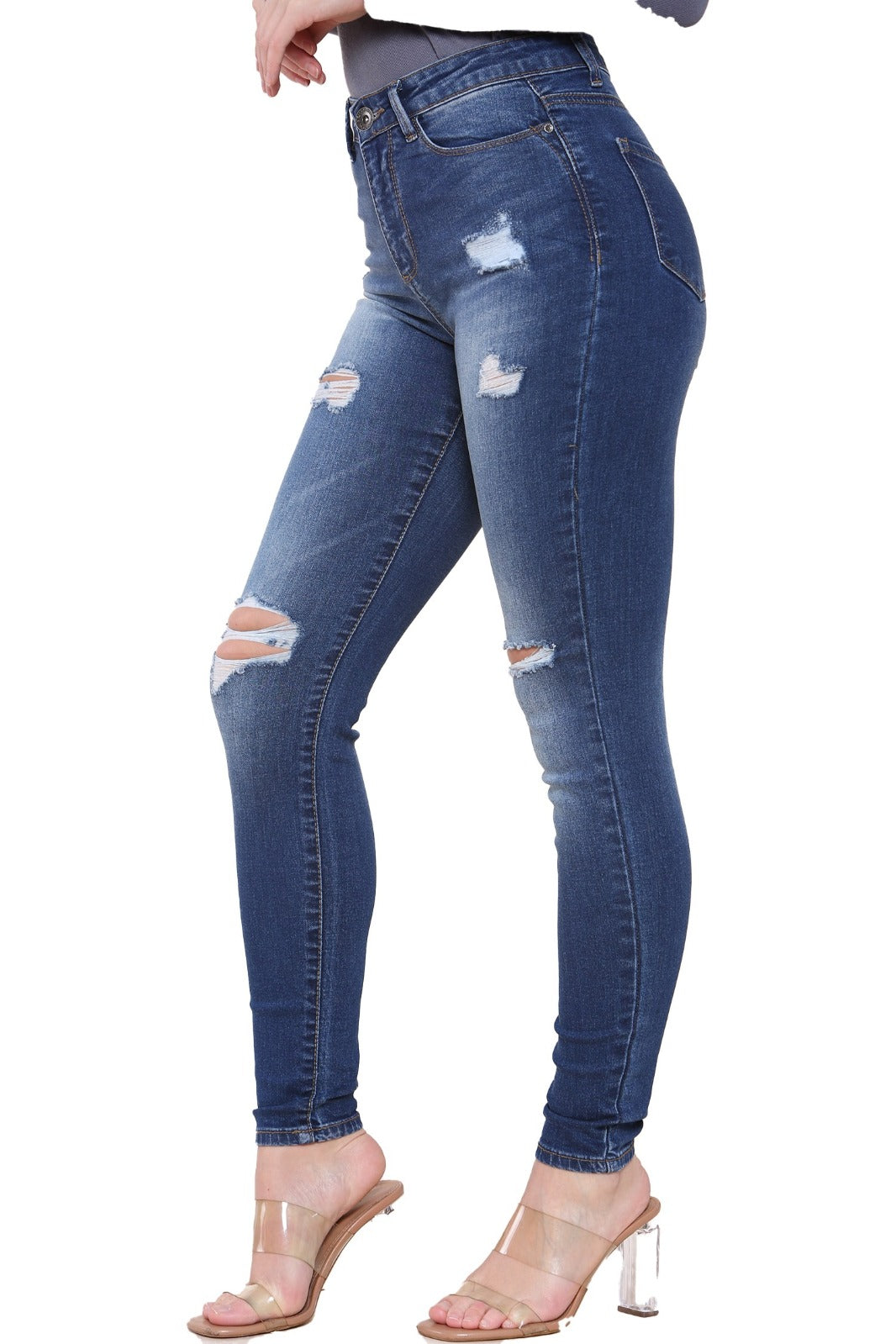 EZL417 Womens Skinny Stretch Ripped Denim Jeans | Enzo Designer ENZO RAWDENIM