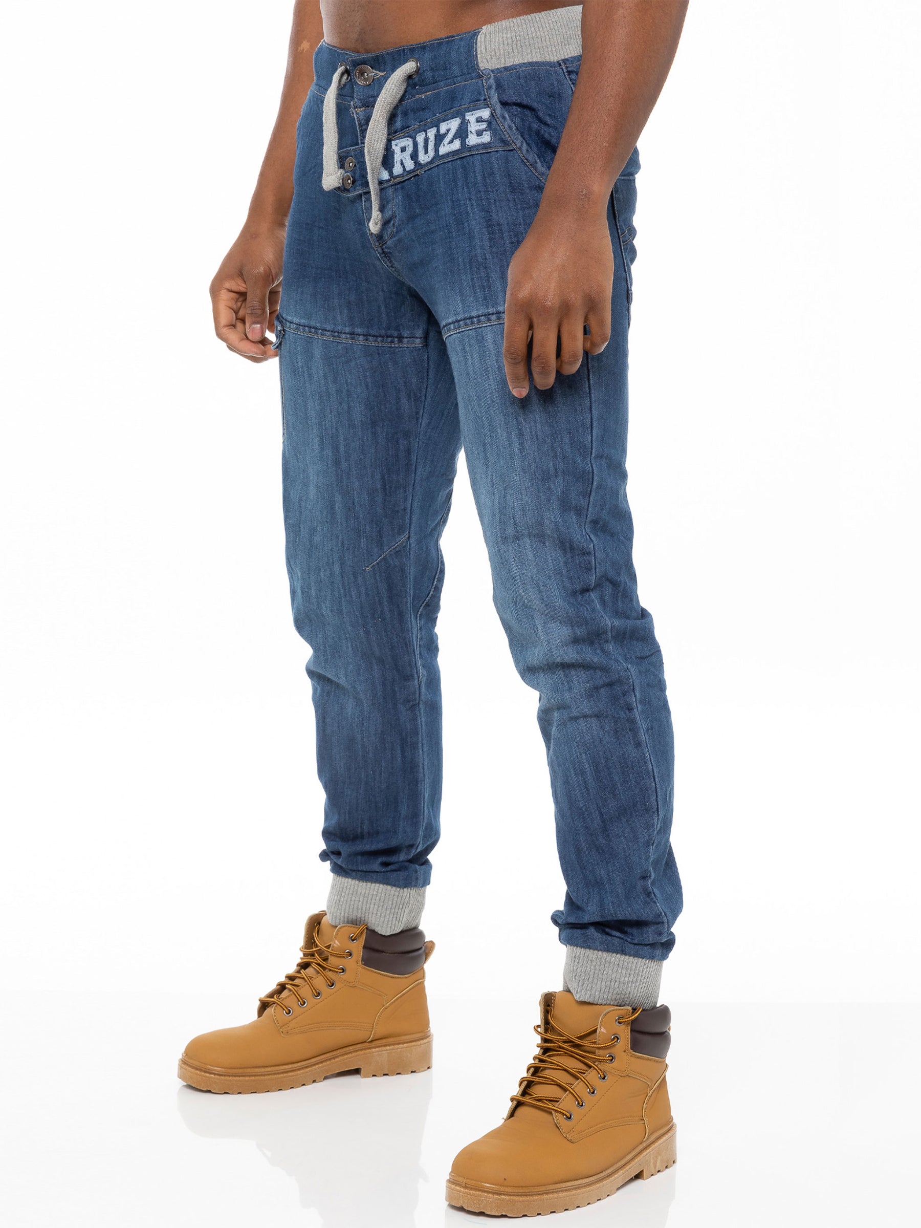 KZ101 KRUZE Mens Designer Casual Mid Stonewash Branded Denim Cuffed Jeans Pants KRUZE RAWDENIM