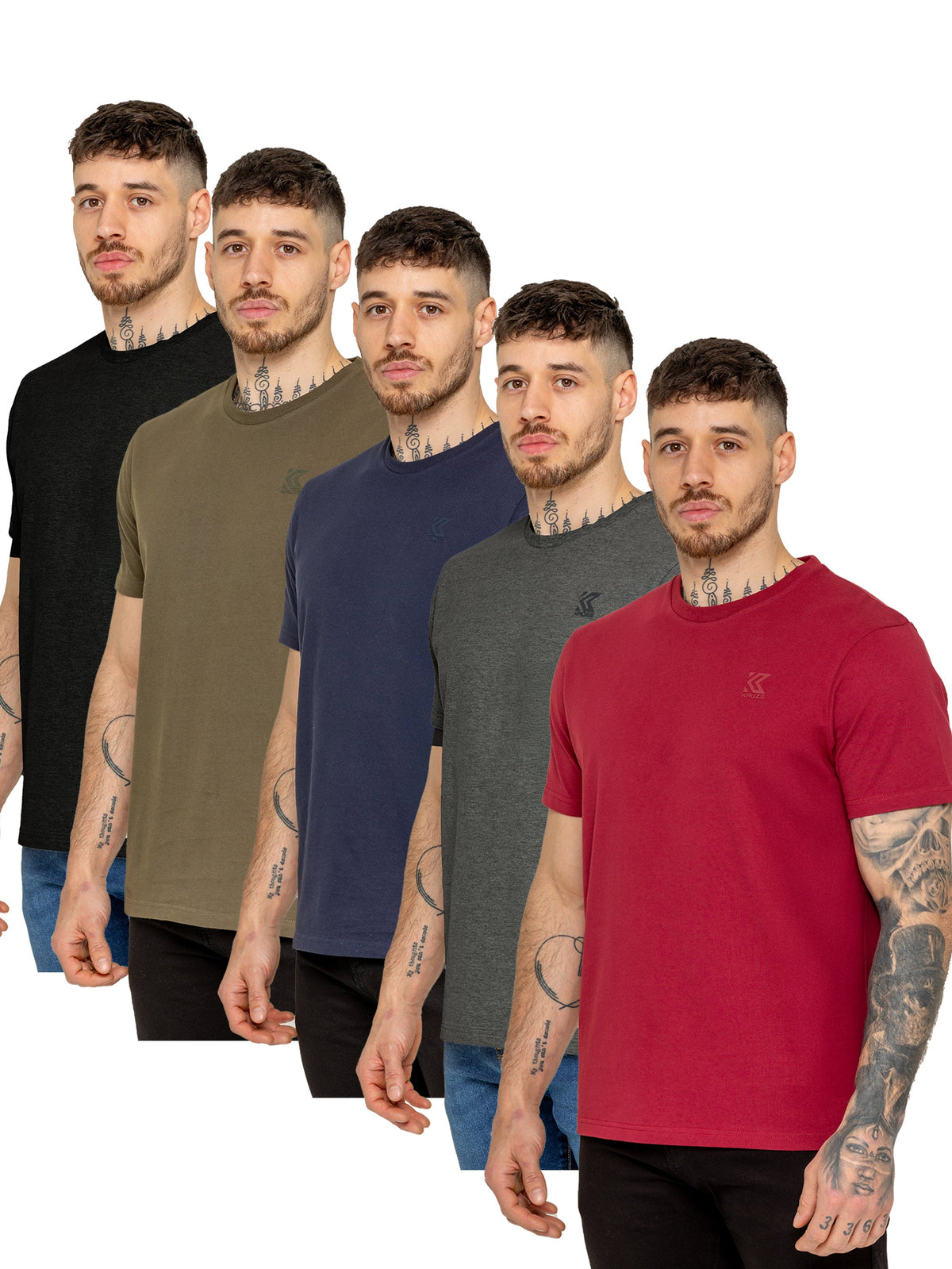 KZTS159 TSHIRT Kruze | 5 Pack Mens Crew Neck T-Shirt - BLK/BURG/KHKI/NVY/CHAR KRUZE RAWDENIM