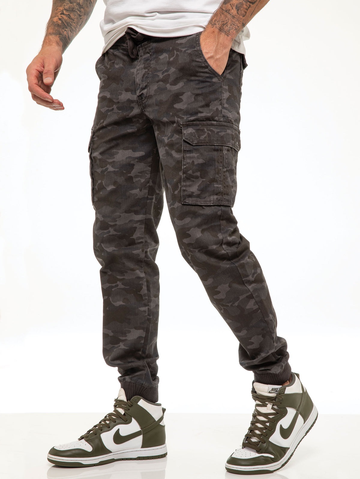 EZ409 ENZO Mens Military Combat Cuffed Camouflage Jeans ENZO RAWDENIM