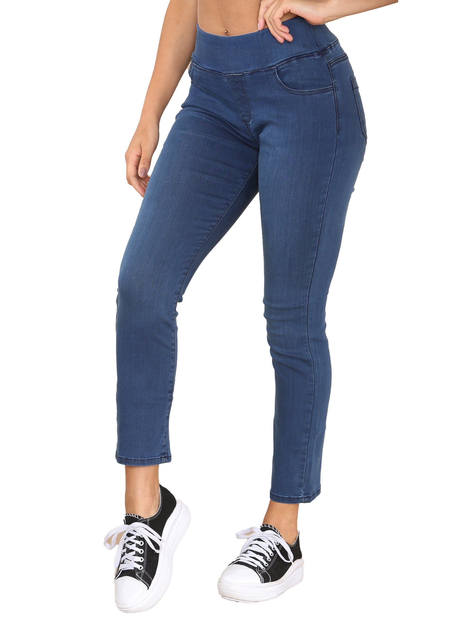 EZL432 Enzo Womens Wide Leg Denim Jeans Mid Rise Elasticated Waist Cotton Stretch Pants RAWDENIM RAWDENIM