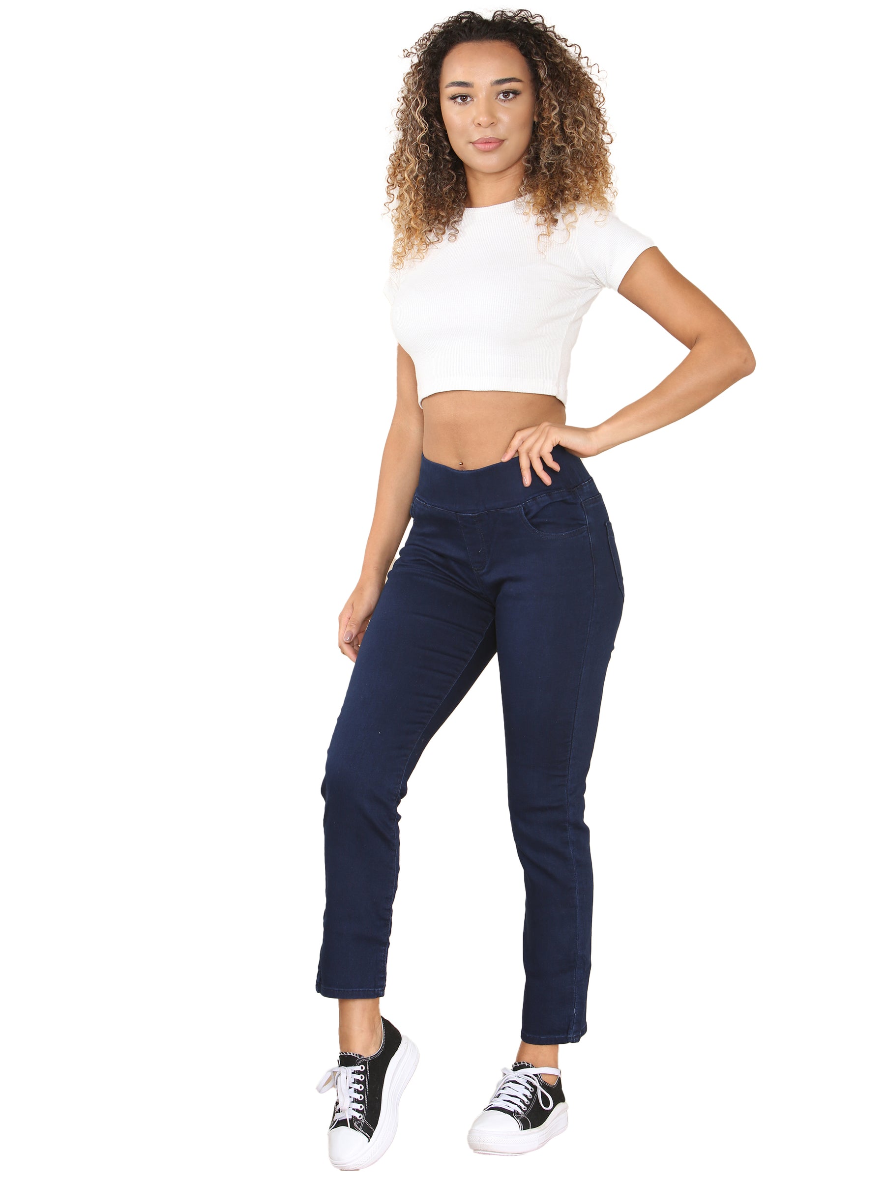 EZL432 Enzo Womens Wide Leg Denim Jeans Mid Rise Elasticated Waist Cotton Stretch Pants RAWDENIM RAWDENIM