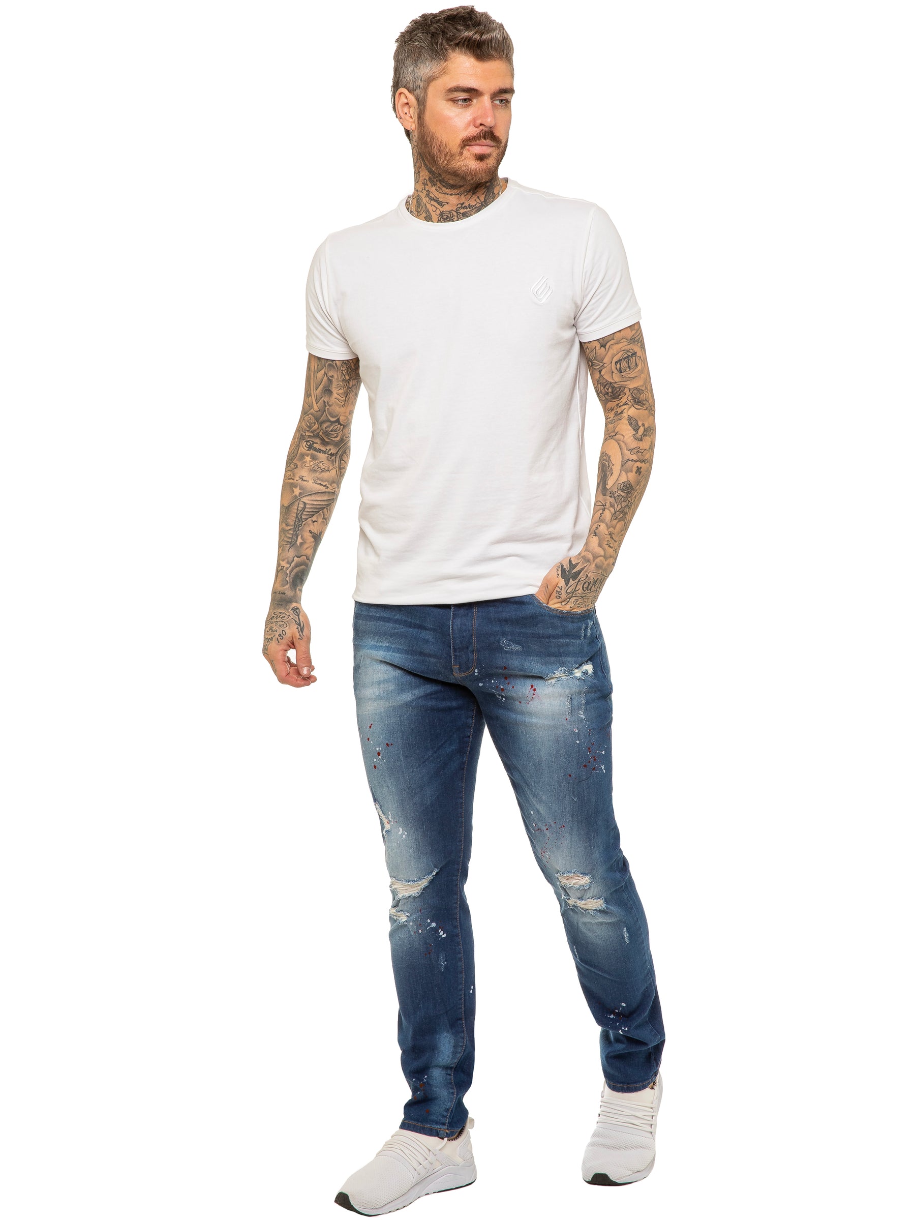 EZ419 Mens Skinny Ripped Splash Jeans Stretch Denim | Enzo Designer Menswear ENZO RAWDENIM