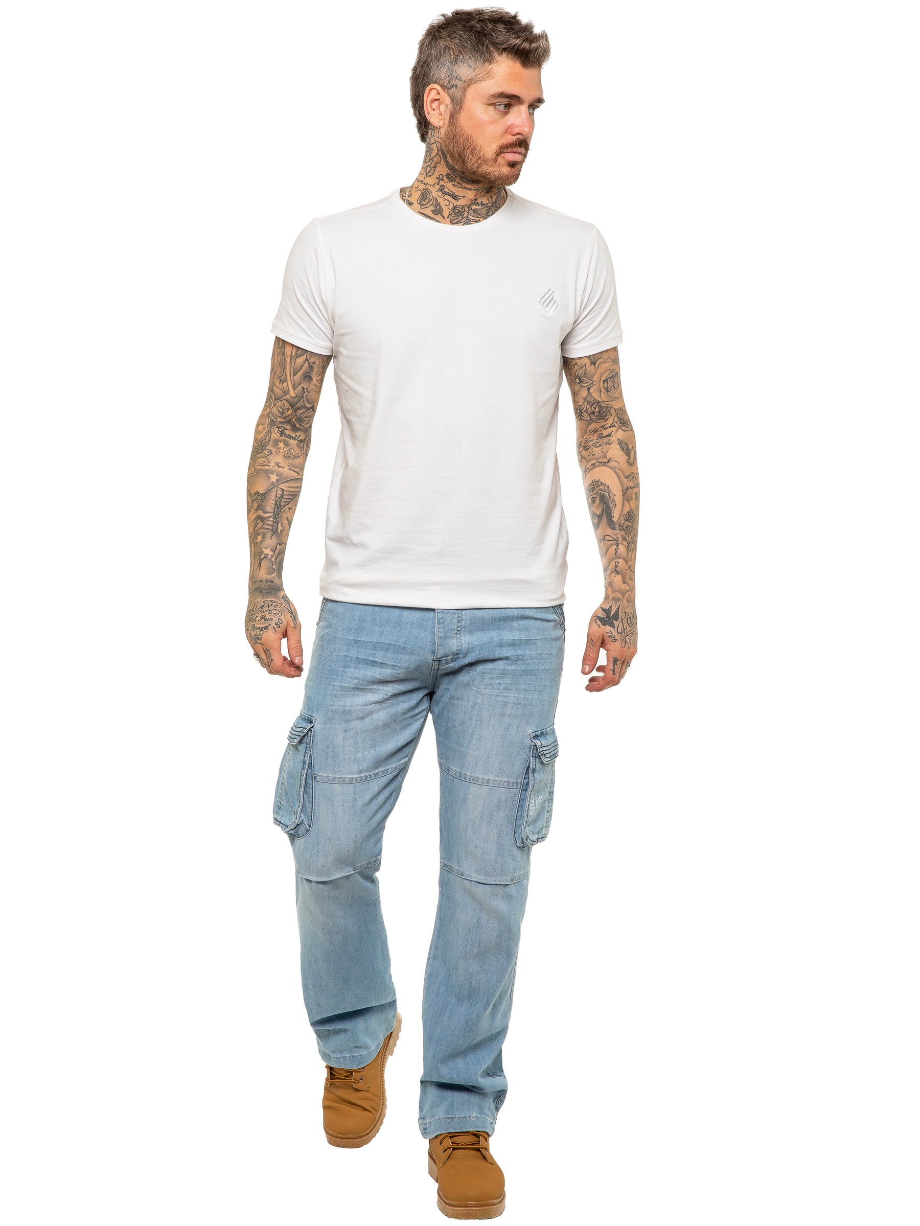 Official Enzo Designer, Mens Combat Denim Jeans Midstone Wash