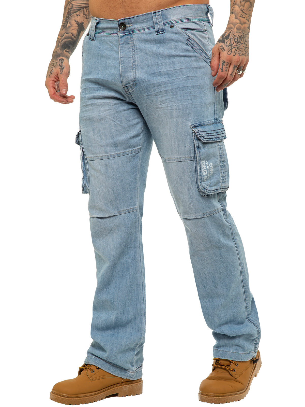 EZ08 Mens Light Blue Combat Denim Jeans Mid Stonewash | Enzo Designer Menswear ENZO RAWDENIM