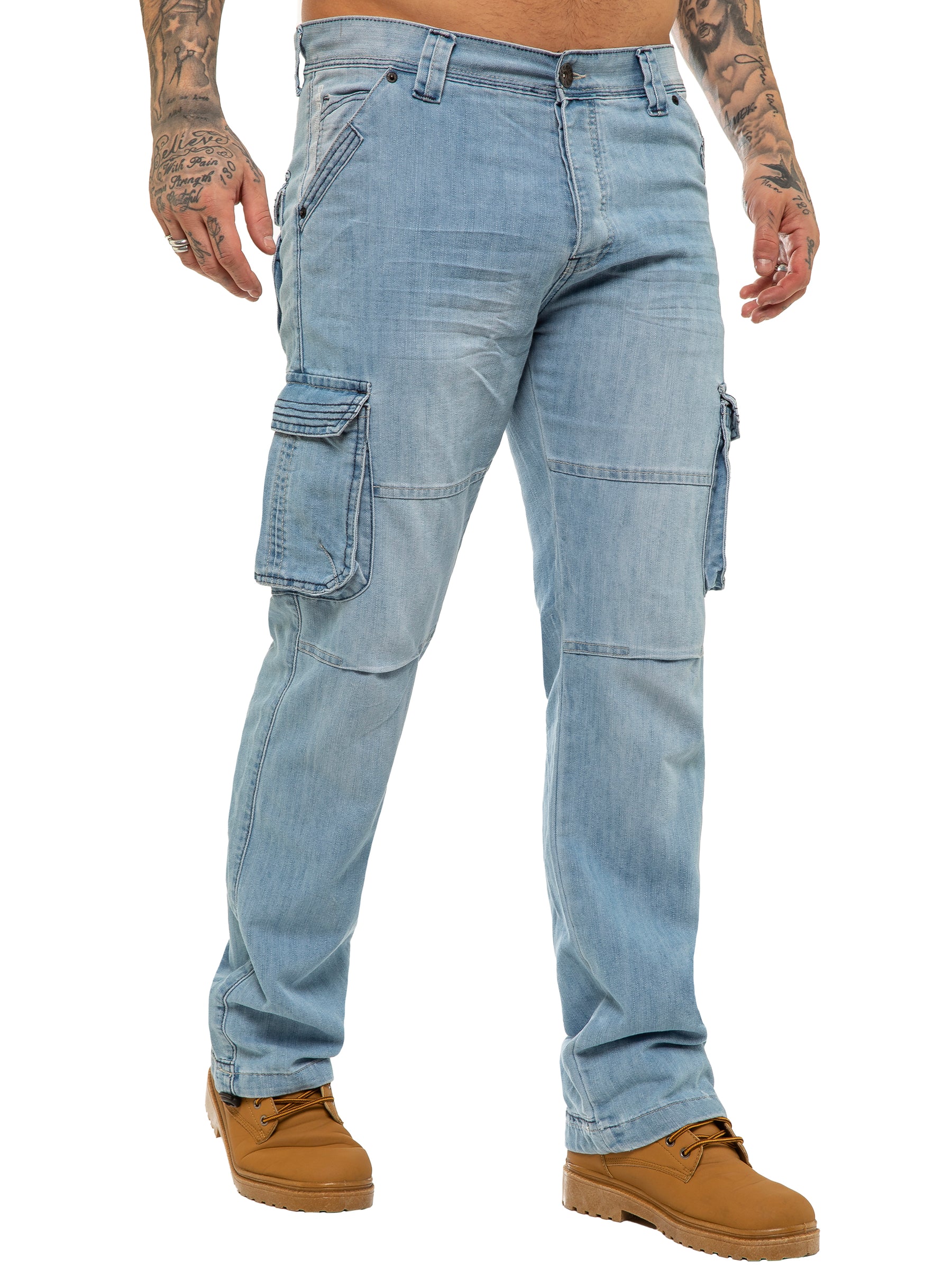 EZ08 Mens Light Blue Combat Denim Jeans Mid Stonewash | Enzo Designer Menswear ENZO RAWDENIM