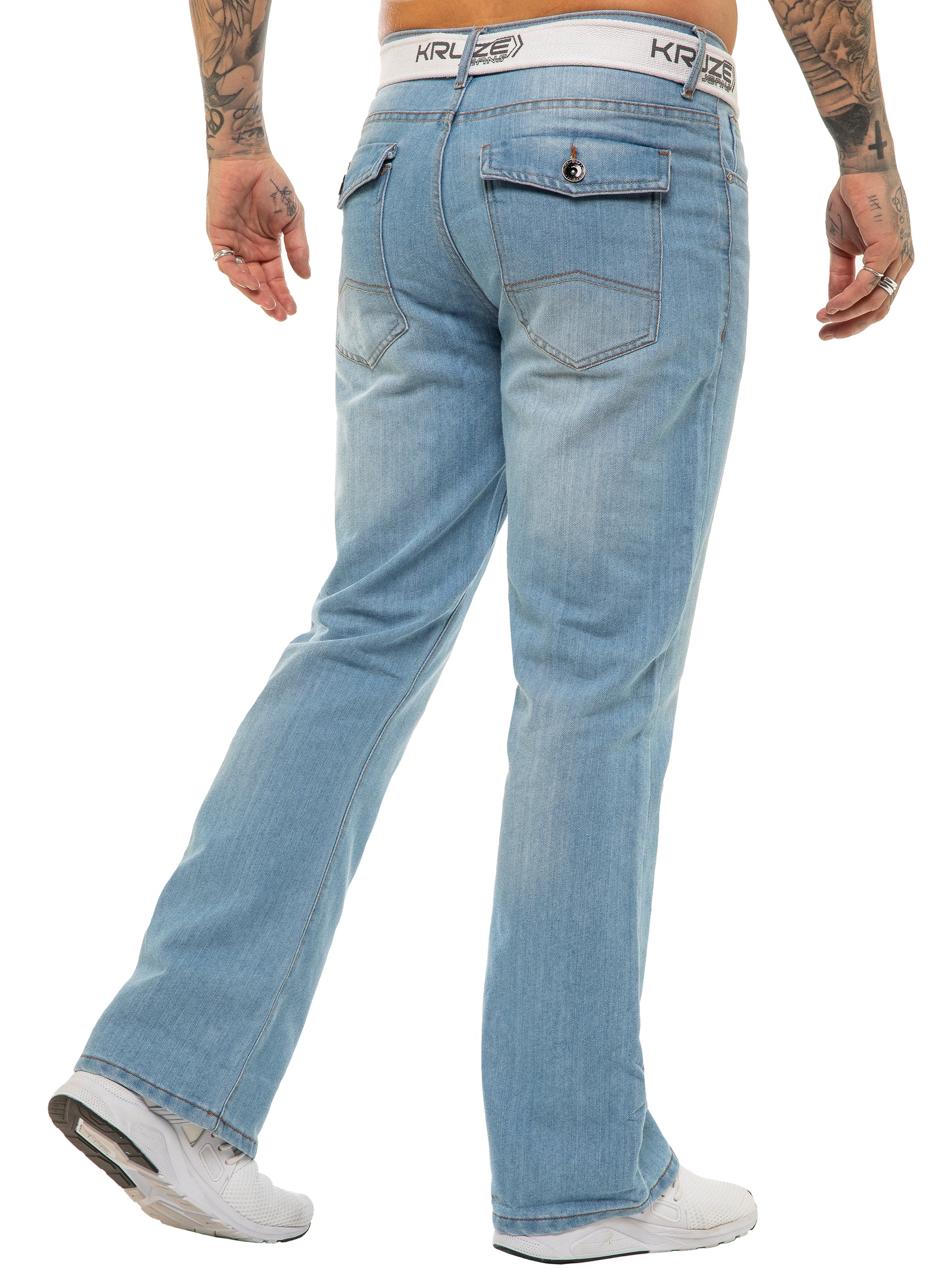 Kruze Bootcut Jeans Mens Flared Wide Leg Denim Trouser Belted Pants All UK  Sizes