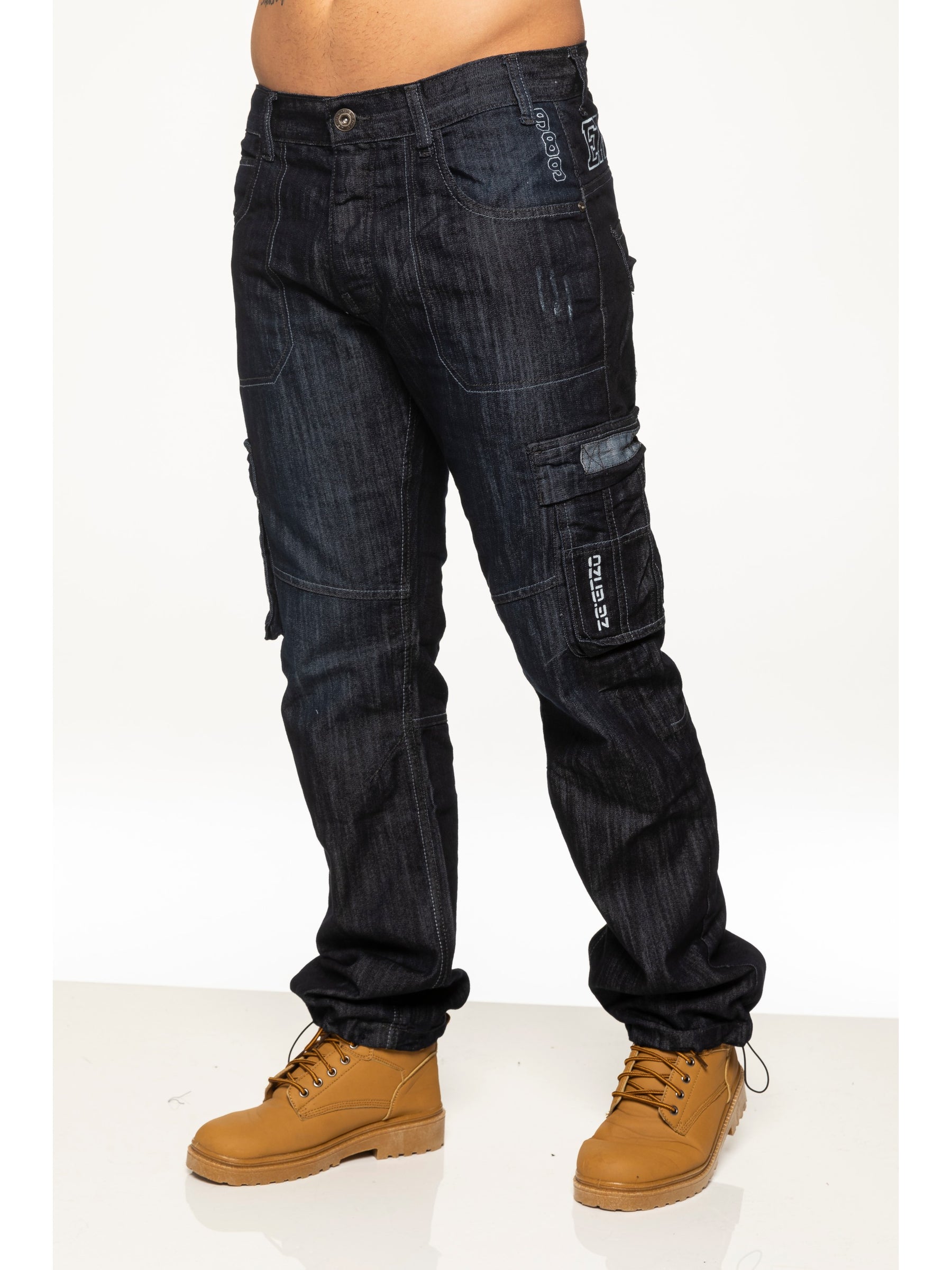 Stone Wash Crosshatch Combat Jeans Mens Dark Blue Combat