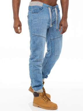 EZ377 Mens Denim Cuffed Joggers Jeans | Enzo Designer Menswear ENZO RAWDENIM
