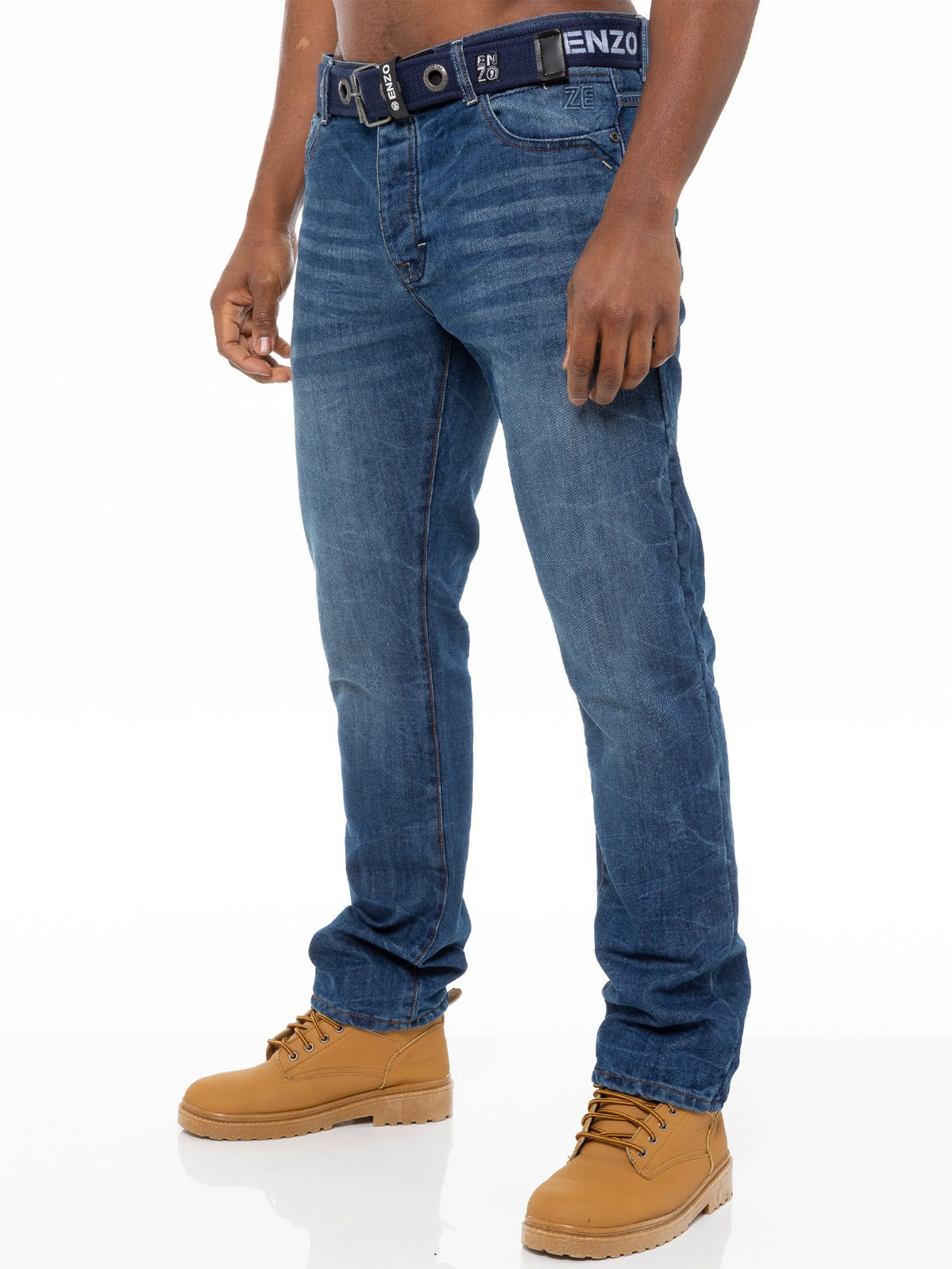 EZ384 Mens Denim Straight Fit Jeans Mid Stonewash | Enzo Designer Menswear ENZO RAWDENIM