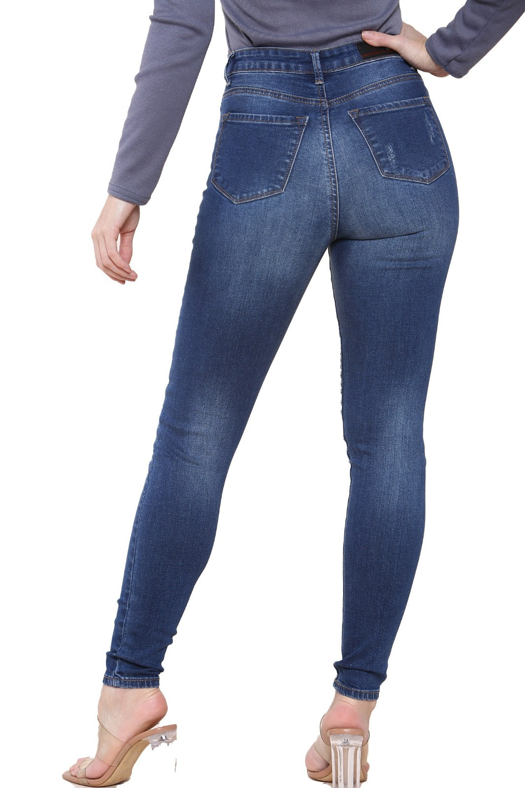 EZL417 Womens Skinny Stretch Ripped Denim Jeans | Enzo Designer ENZO RAWDENIM